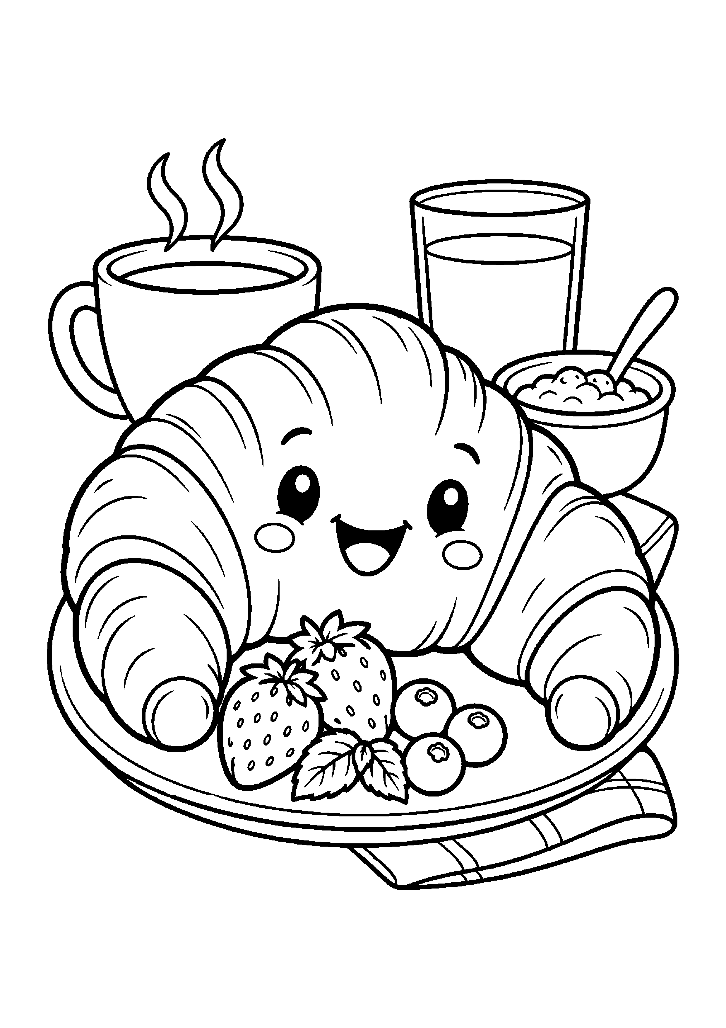 Coloriage en noir et blanc représentant croissant souriant au petit déjeuner, en grand format A4