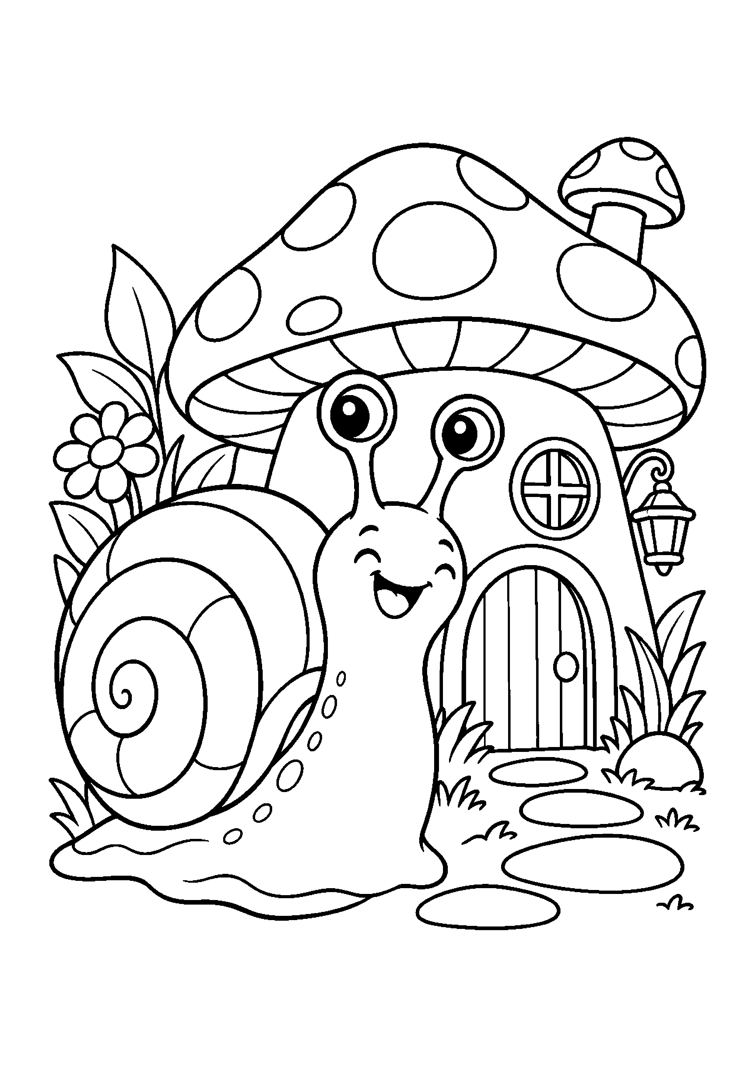 Coloriage en noir et blanc représentant escargot heureux avec maison champignon, en grand format A4