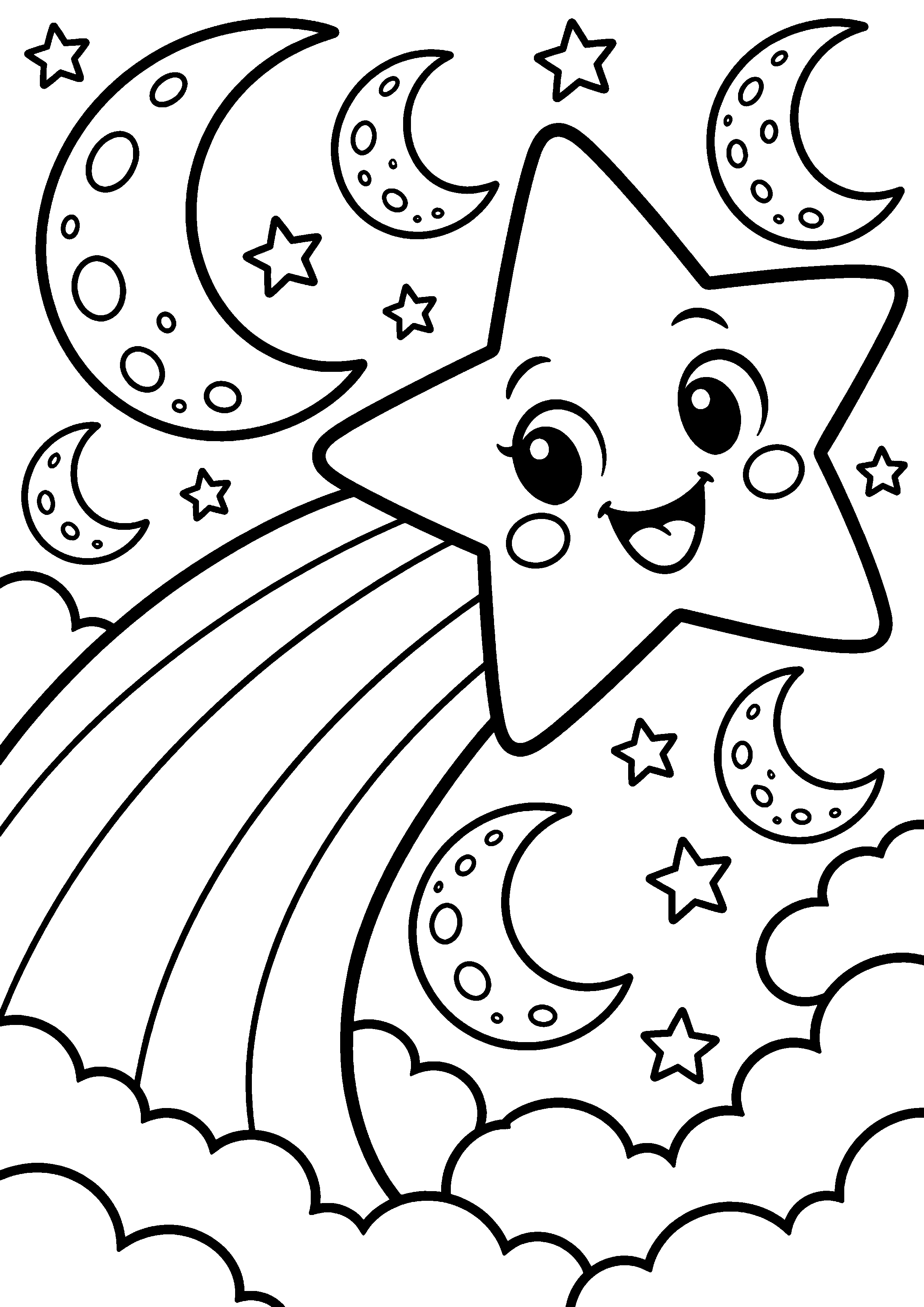 Coloriage en noir et blanc représentant étoile filante souriante dans un ciel de lunes, en grand format A4