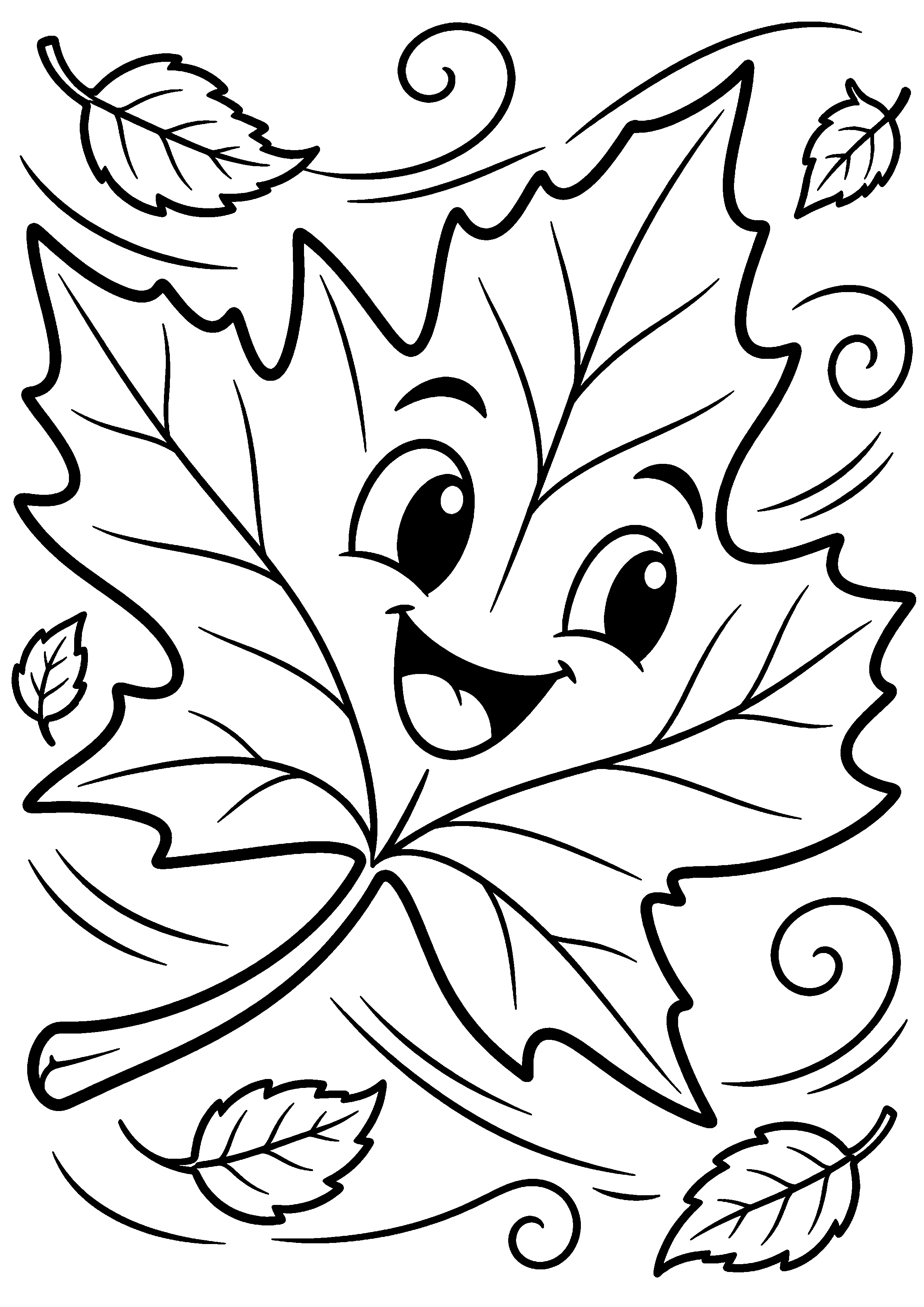Coloriage en noir et blanc représentant feuille d'automne souriante portée par le vent, en grand format A4