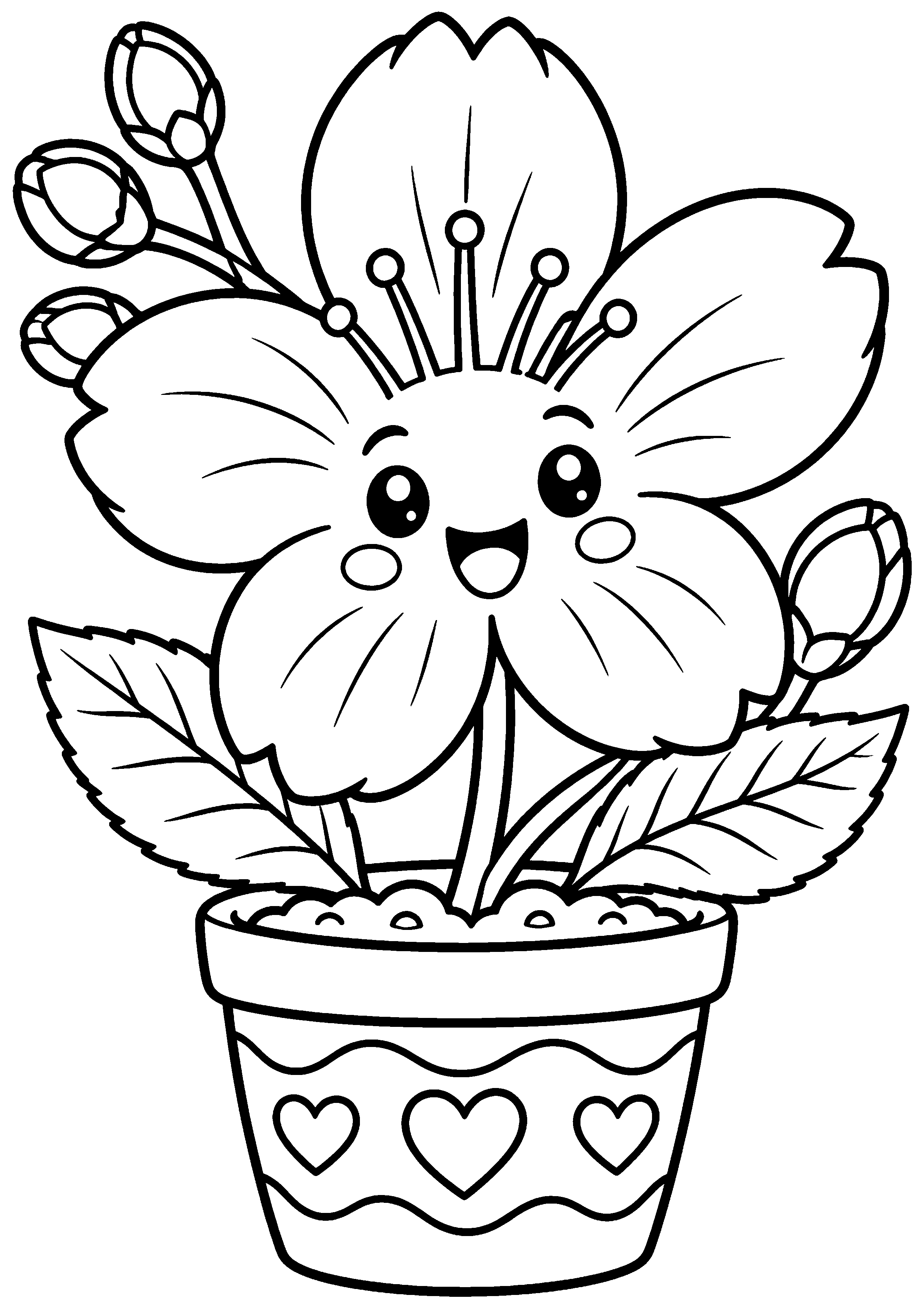 Coloriage en noir et blanc représentant fleur de cerisier souriante dans un pot, en grand format A4