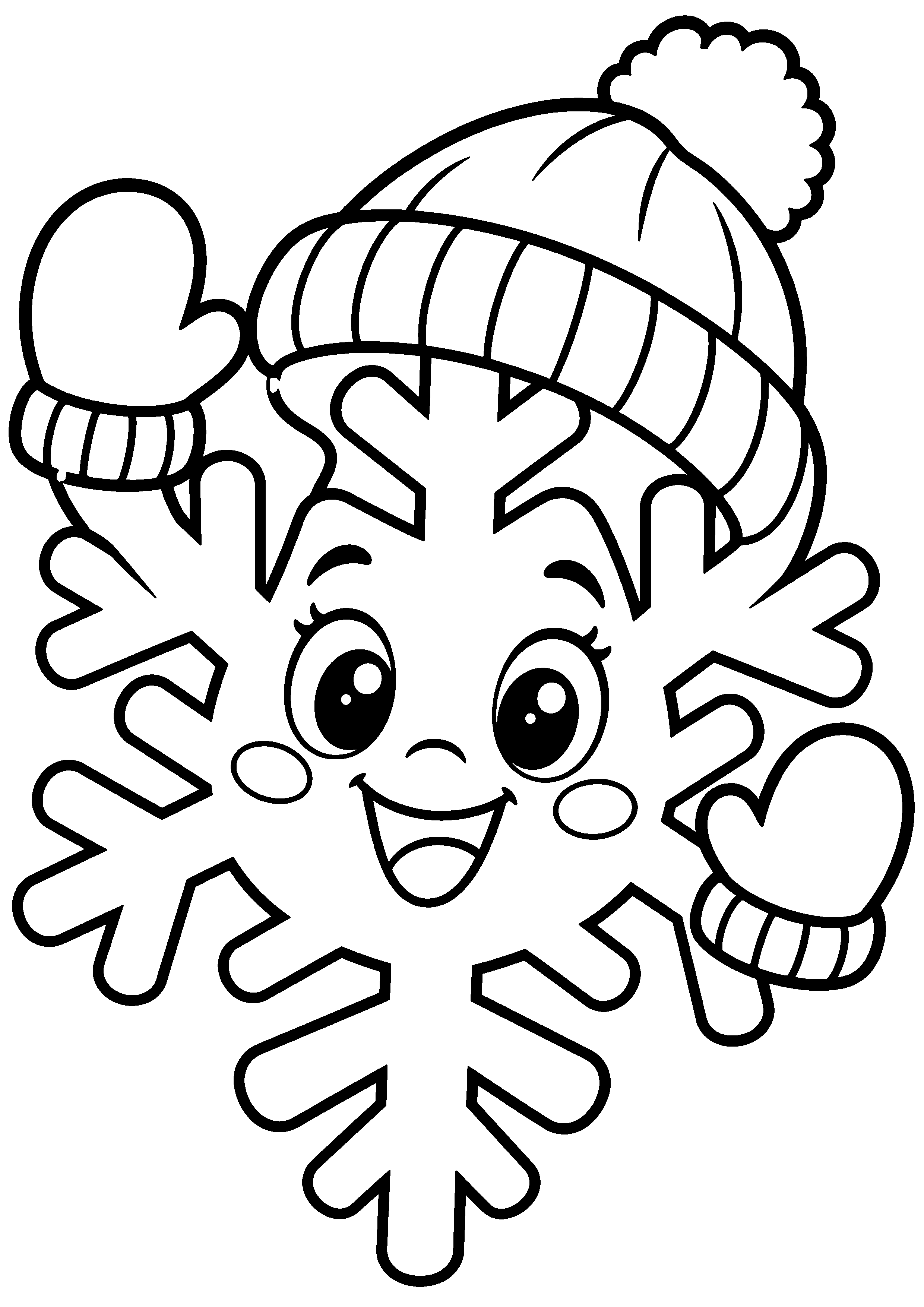 Coloriage en noir et blanc représentant flocon de neige souriant avec bonnet et moufles, en grand format A4