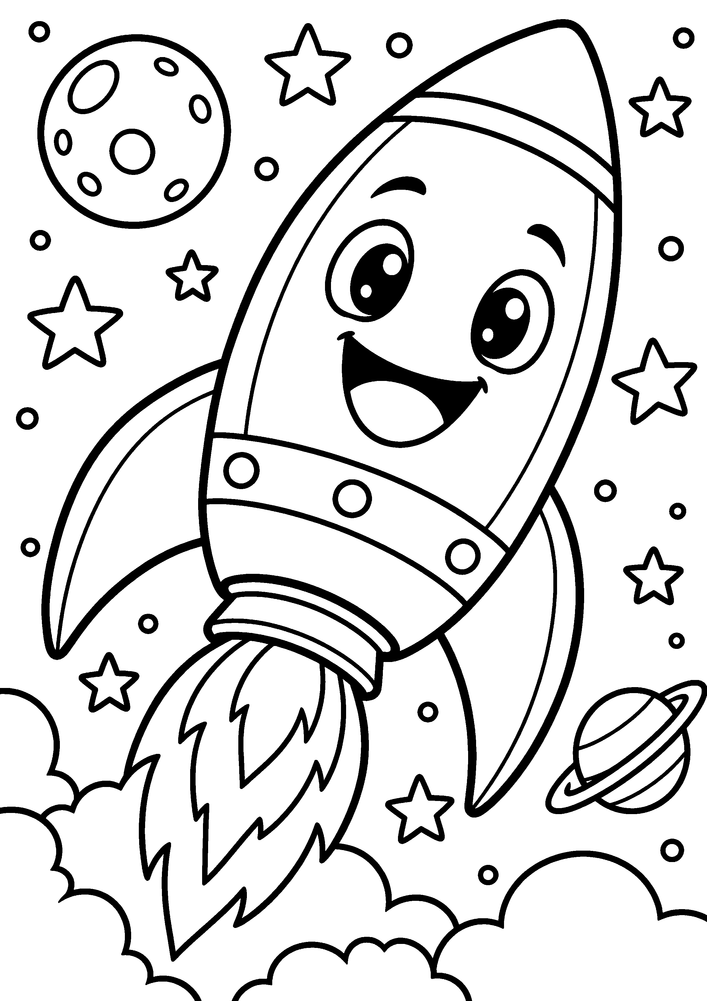 Coloriage en noir et blanc représentant fusée souriante décollant parmi les étoiles, en grand format A4