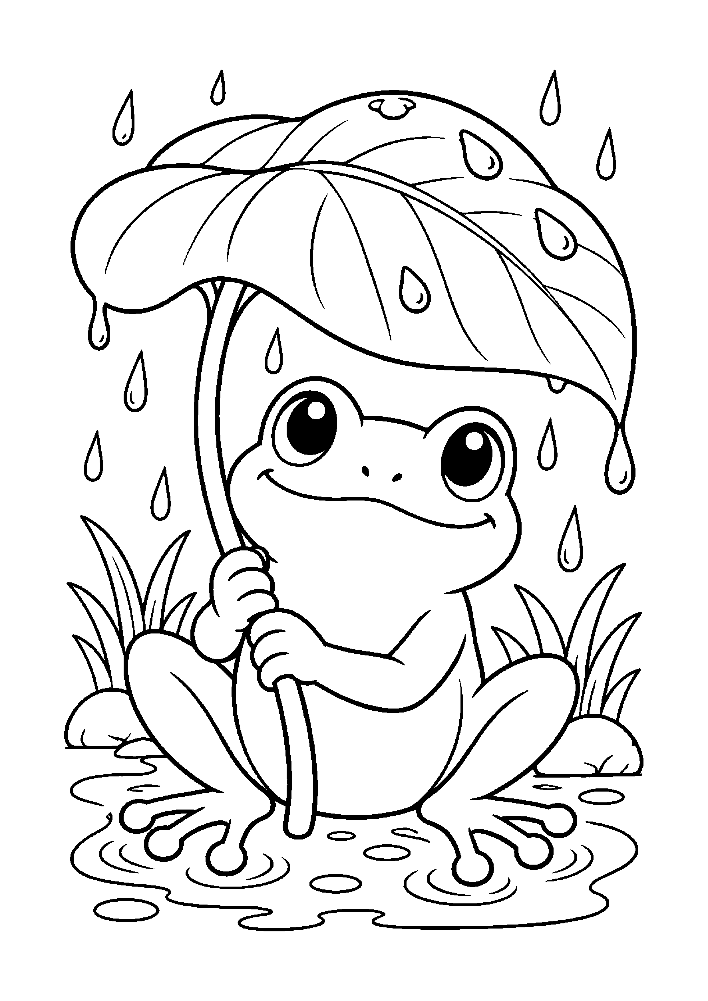 Coloriage en noir et blanc représentant grenouille sous une grande feuille parapluie, en grand format A4