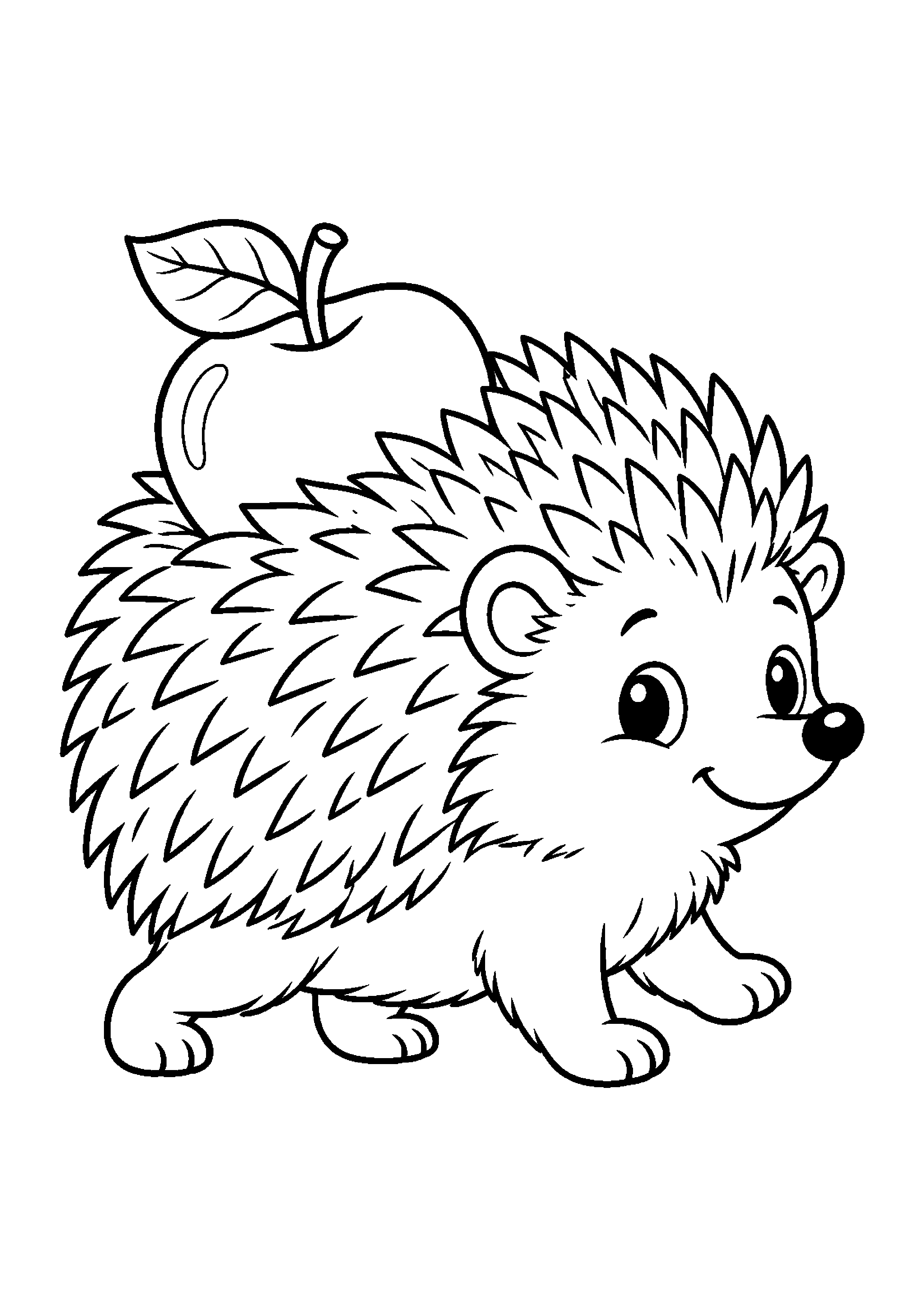 Coloriage en noir et blanc représentant hérisson portant une pomme sur le dos, en grand format A4