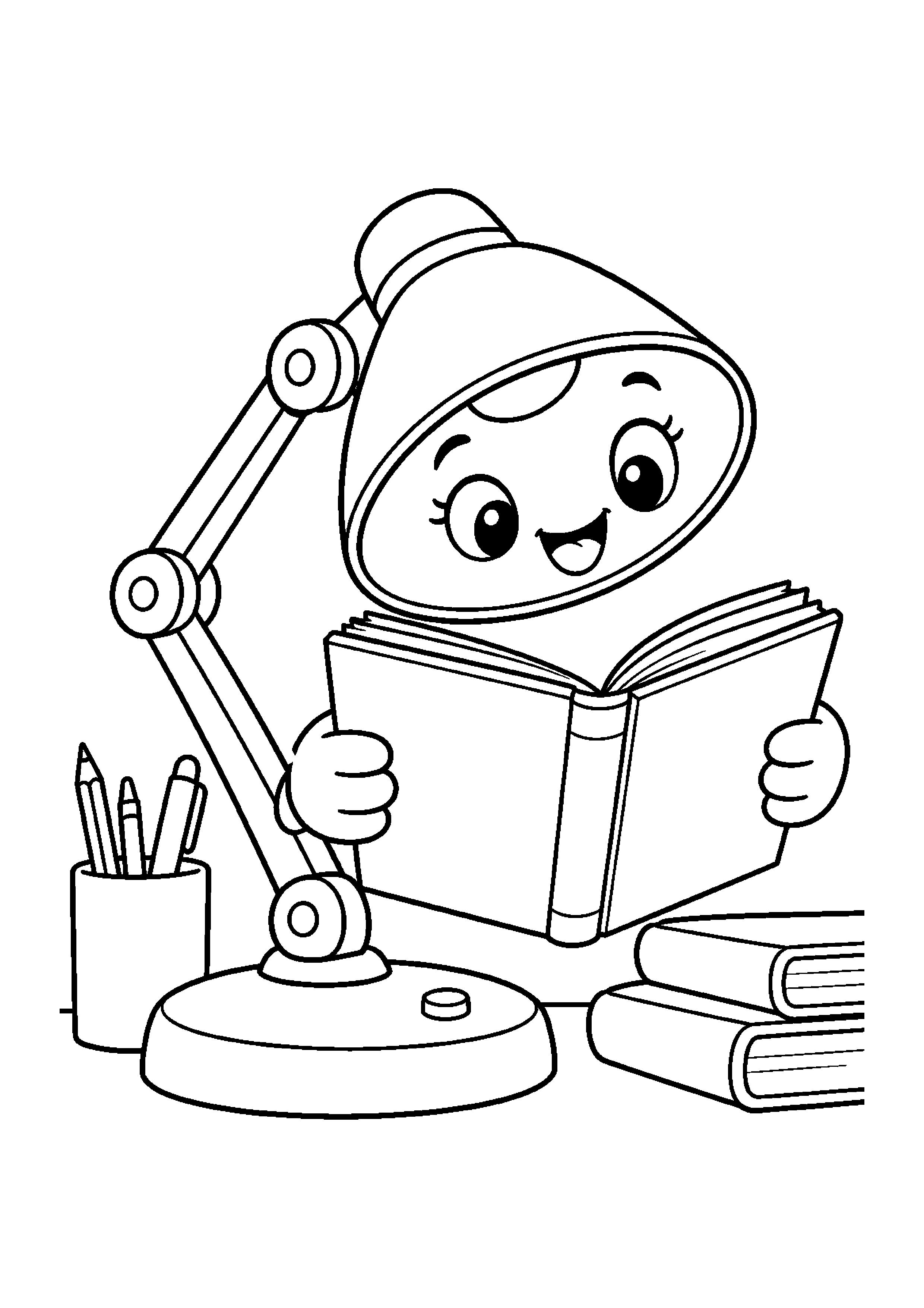 Coloriage en noir et blanc représentant lampe de bureau souriante lisant un livre, en grand format A4