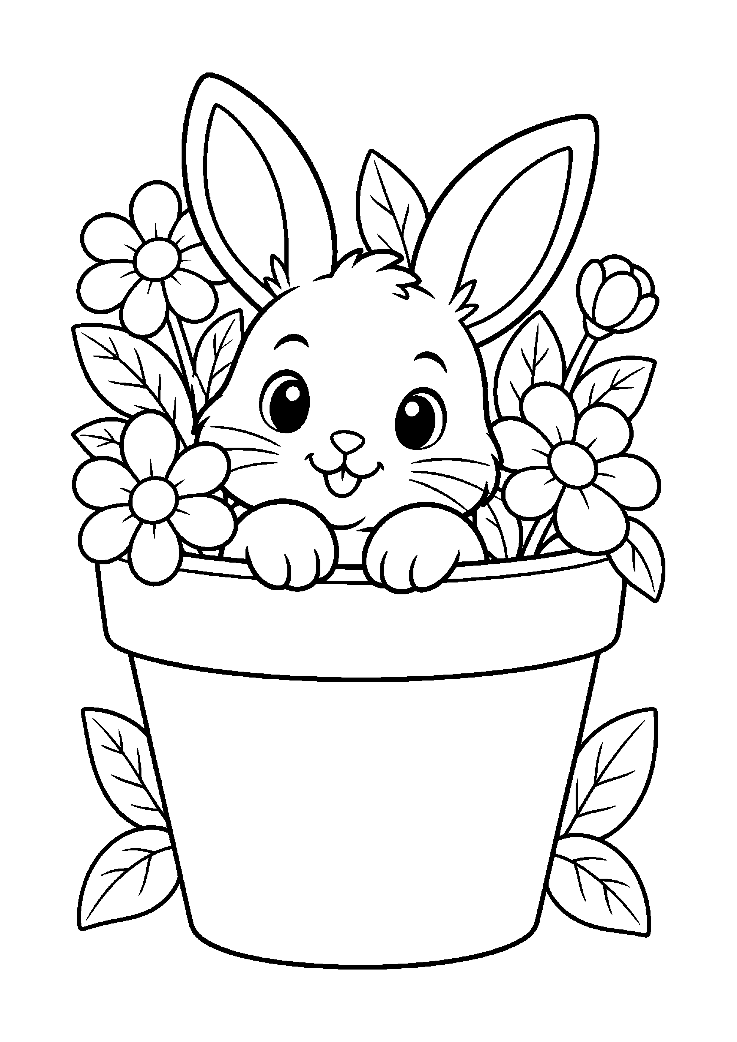 Coloriage en noir et blanc représentant lapin caché dans un pot de fleurs, en grand format A4
