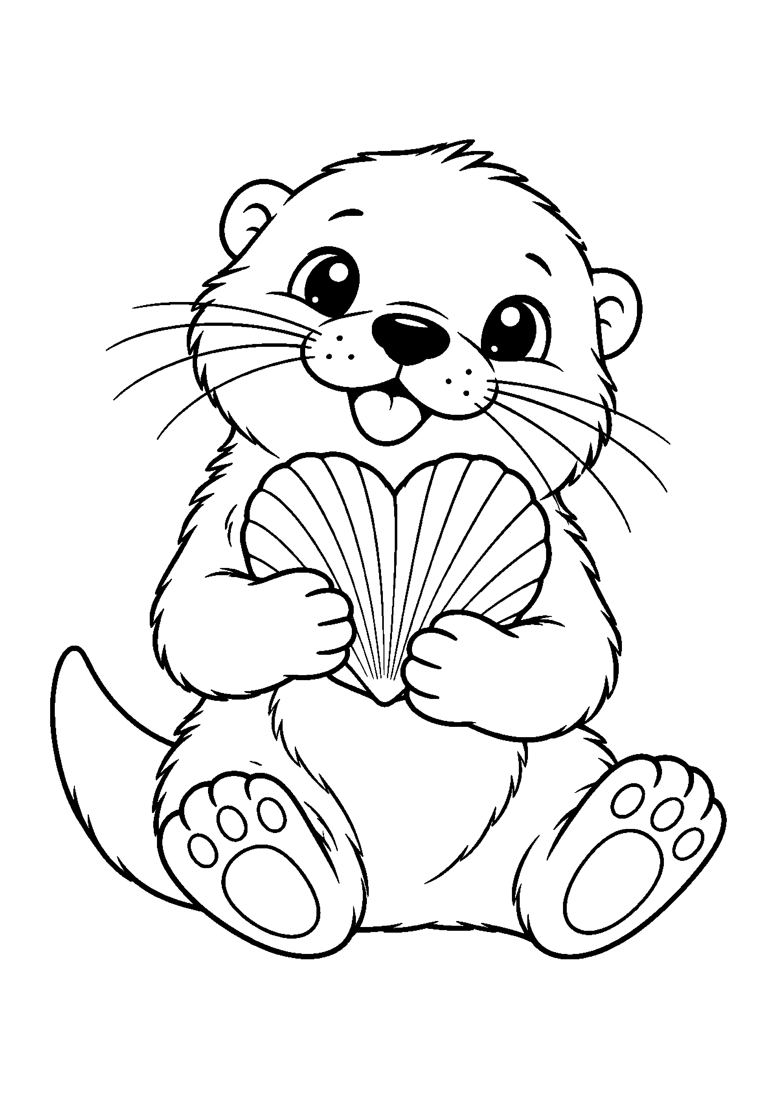 Coloriage en noir et blanc représentant loutre serrant un coquillage en forme de cœur, en grand format A4