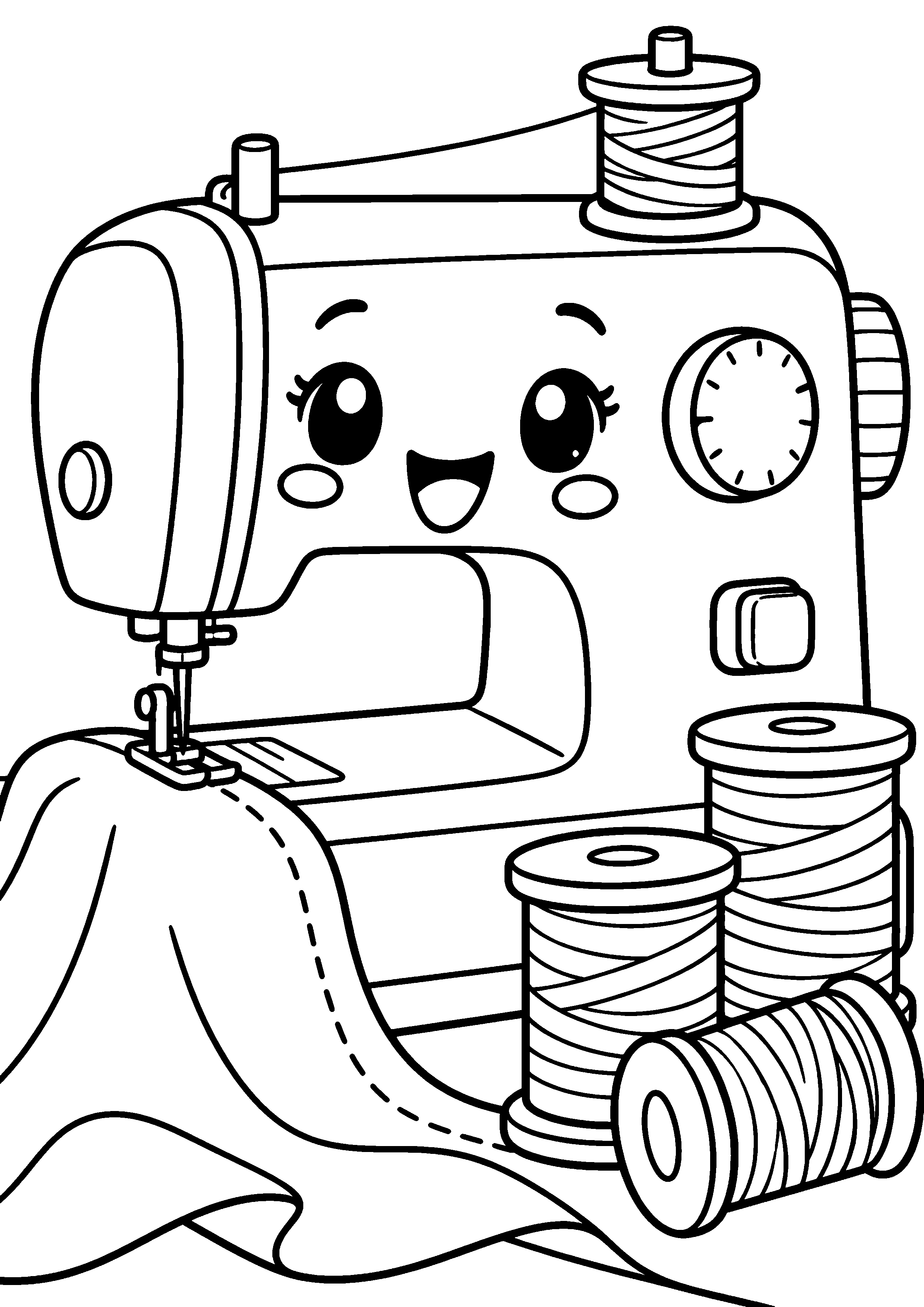 Coloriage en noir et blanc représentant machine à coudre souriante et bobines, en grand format A4