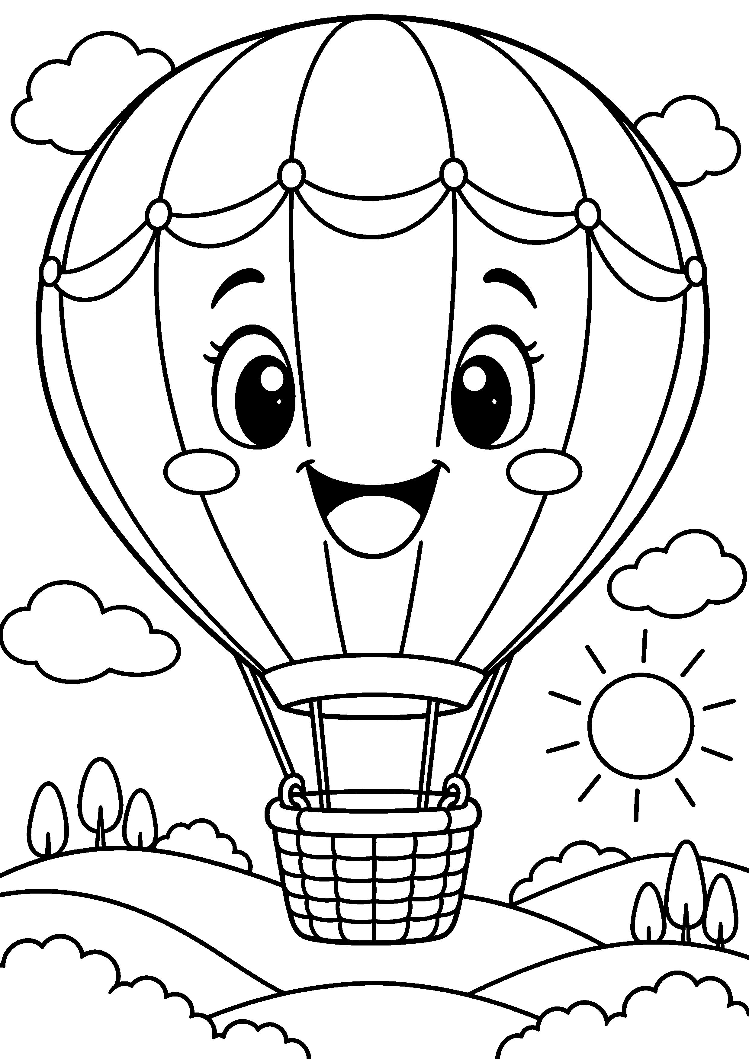 Coloriage en noir et blanc représentant montgolfière souriante au-dessus des collines, en grand format A4