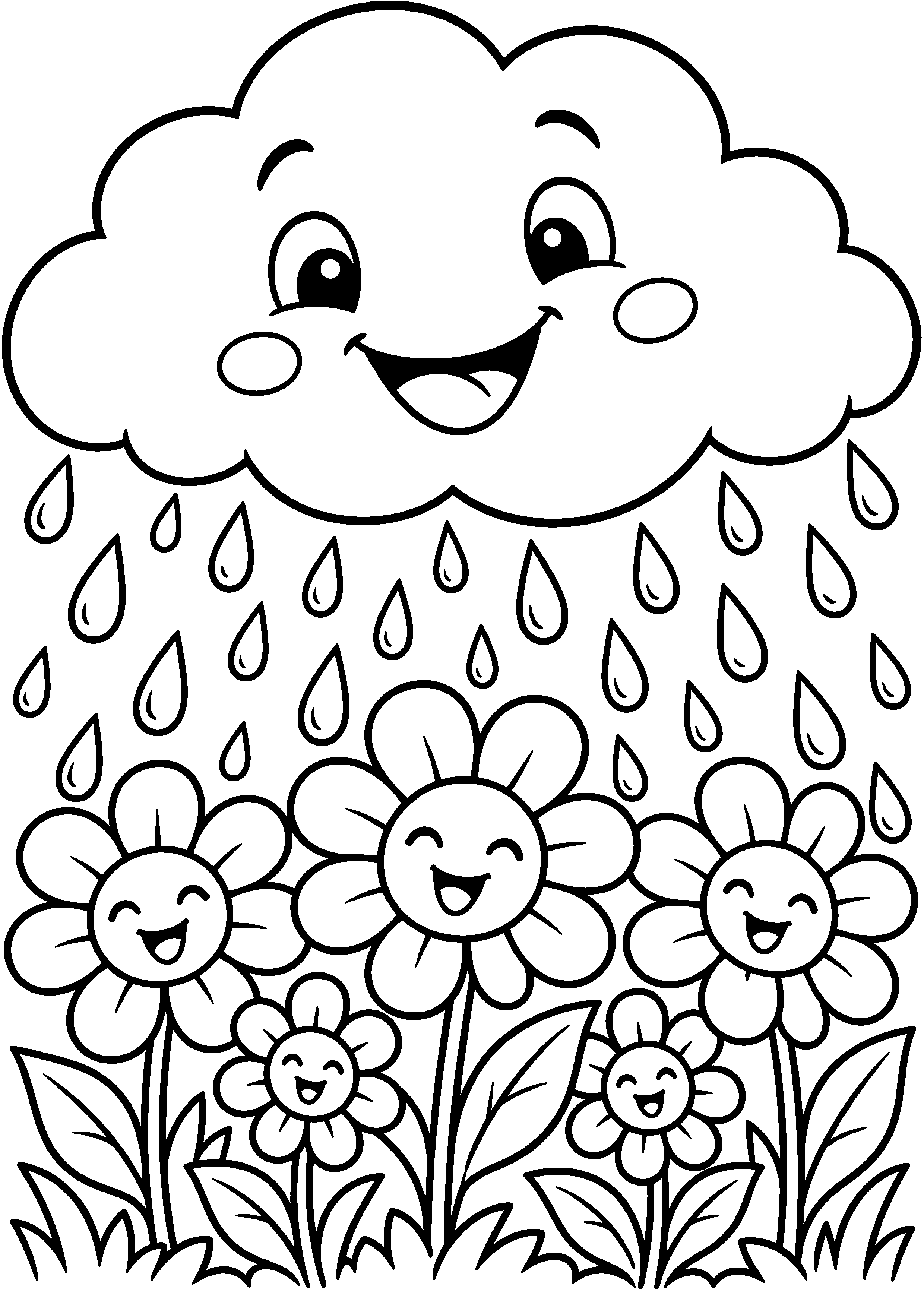 Coloriage en noir et blanc représentant nuage de pluie souriant arrosant des fleurs, en grand format A4