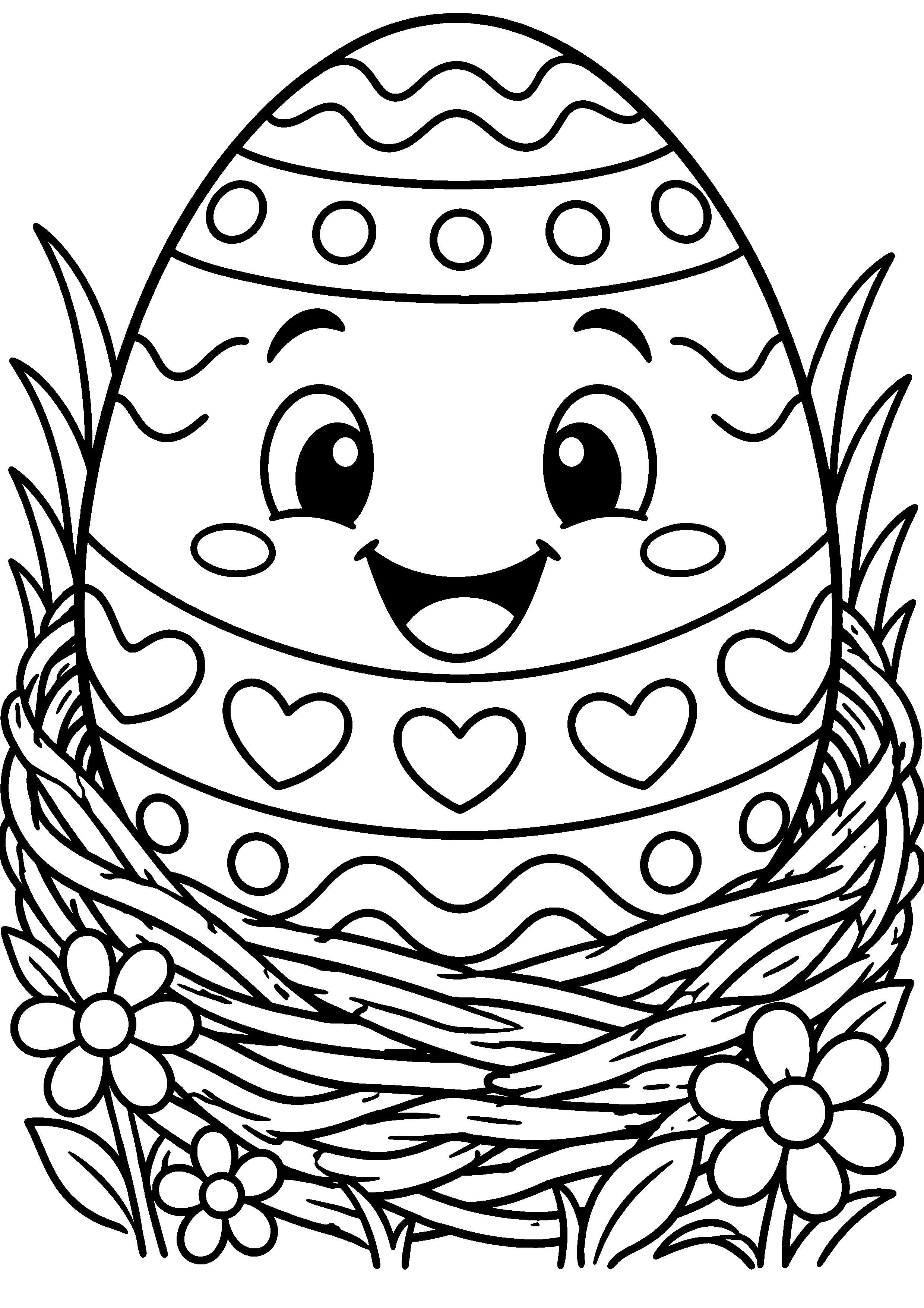 Coloriage en noir et blanc représentant œuf de Pâques souriant dans un nid, en grand format A4