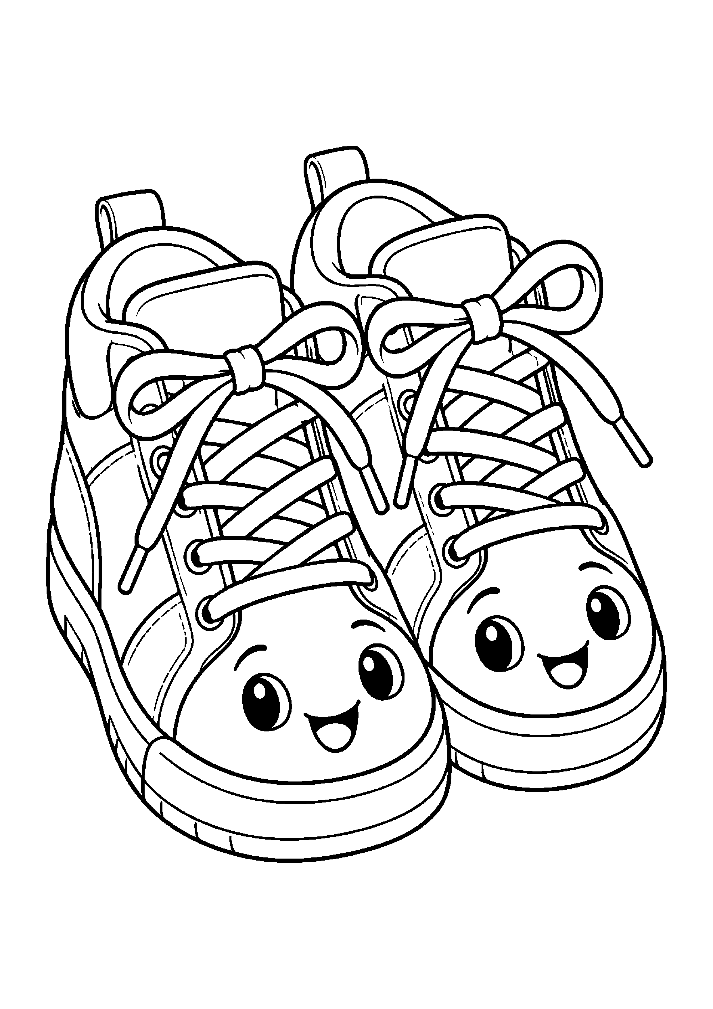 Coloriage en noir et blanc représentant paire de baskets souriantes avec lacets, en grand format A4