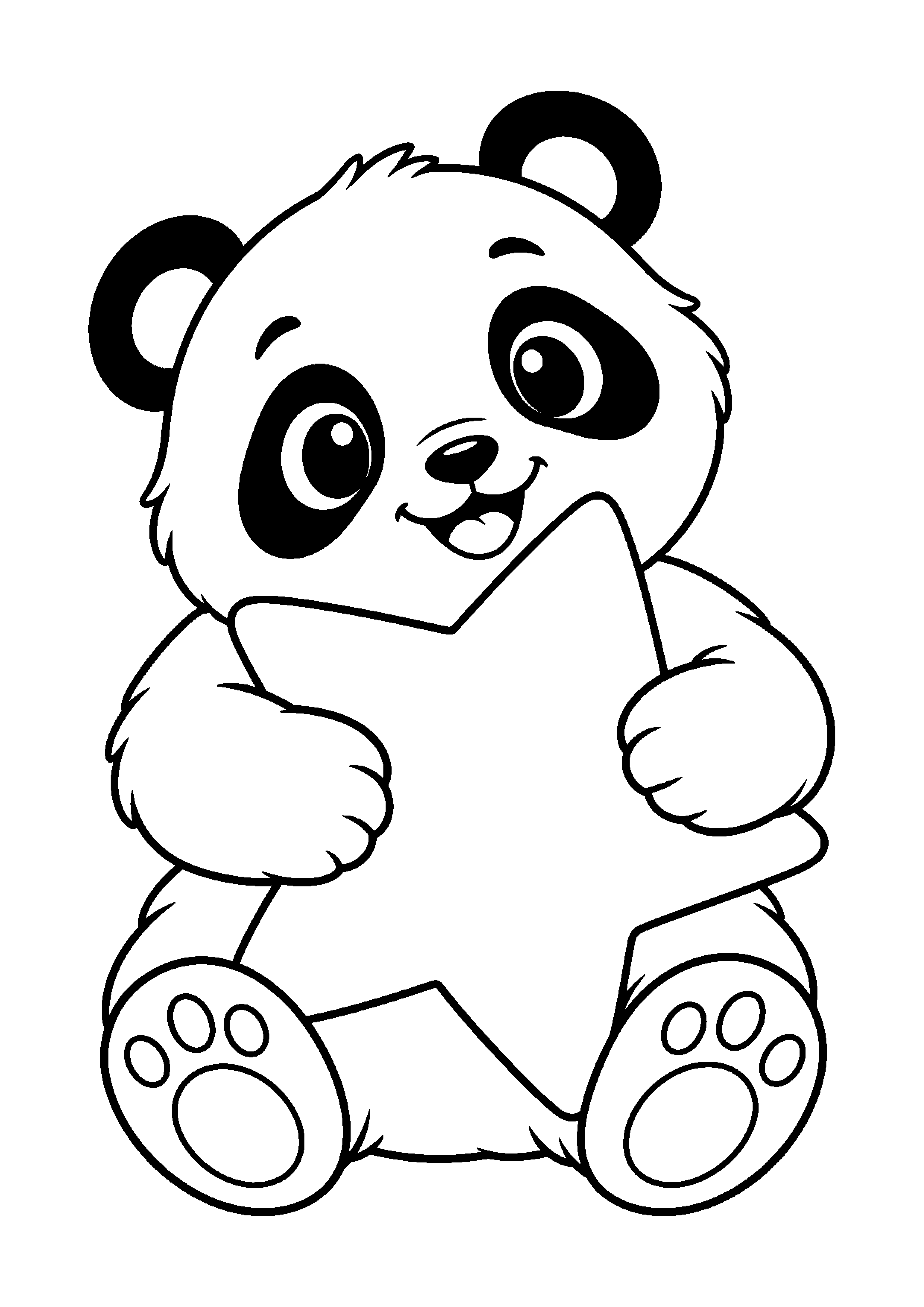 Coloriage en noir et blanc représentant panda serrant une grosse étoile, en grand format A4