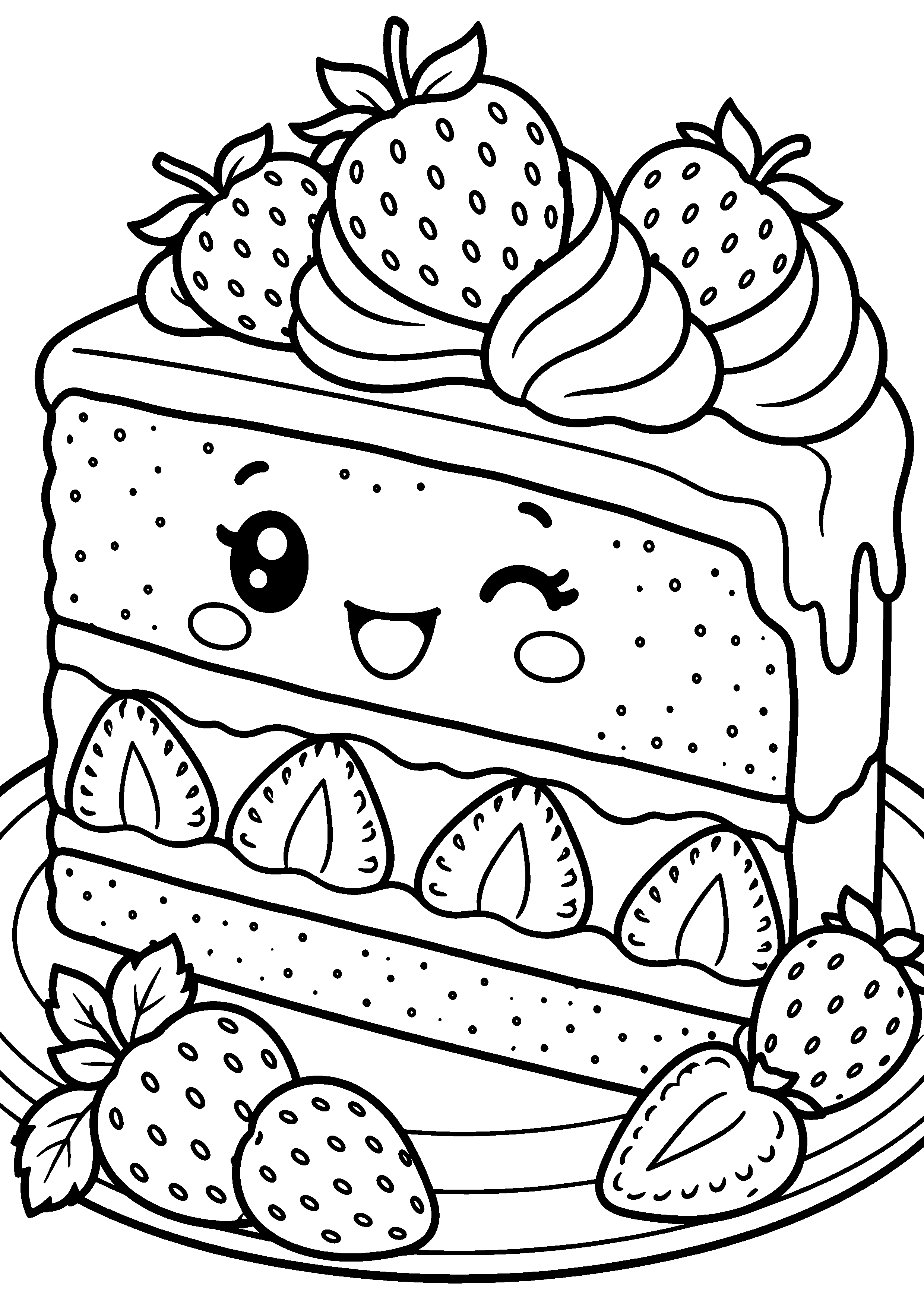 Coloriage en noir et blanc représentant part de gâteau aux fraises souriante sur une assiette, en grand format A4