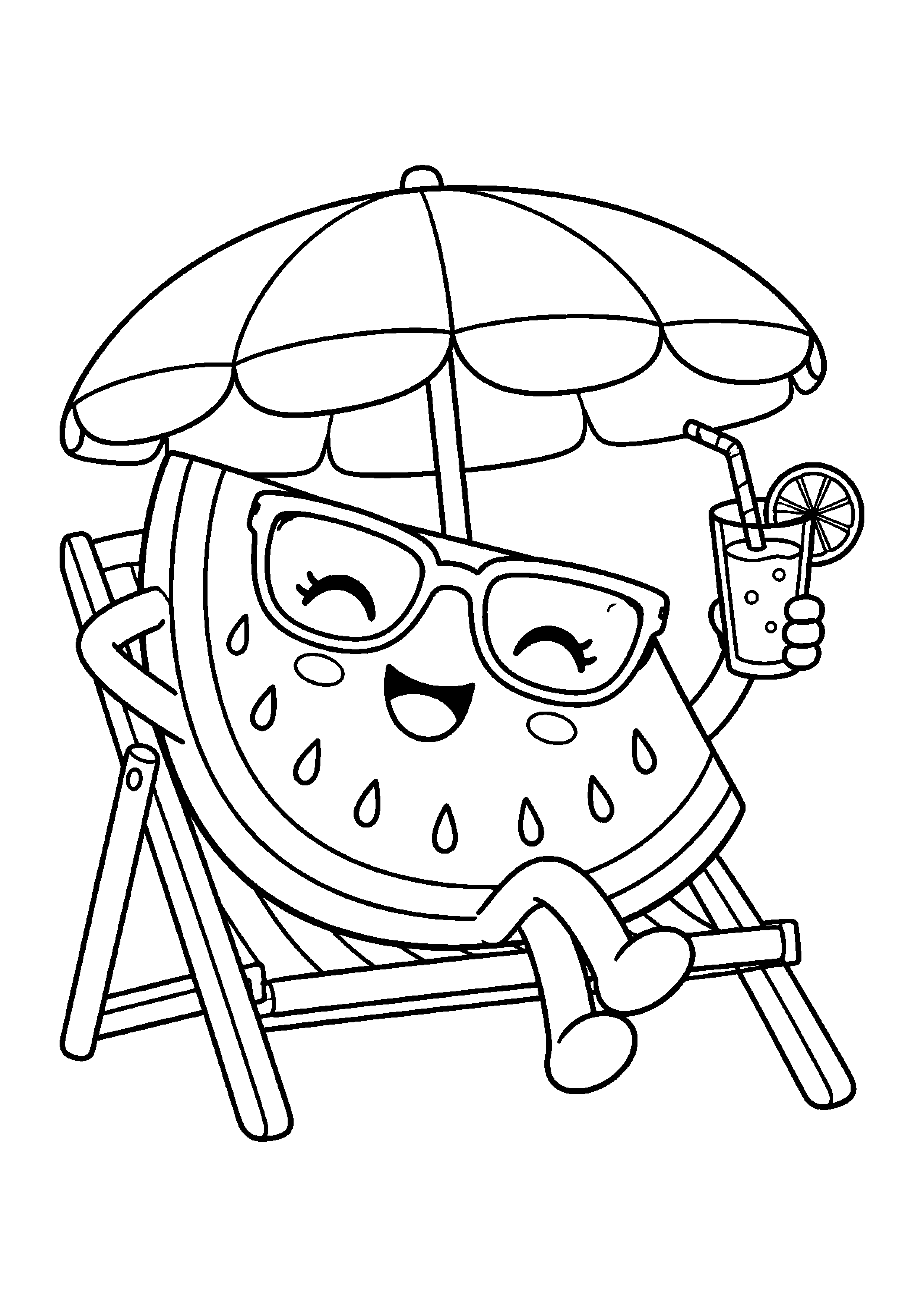 Coloriage en noir et blanc représentant pastèque souriante sous un parasol, en grand format A4