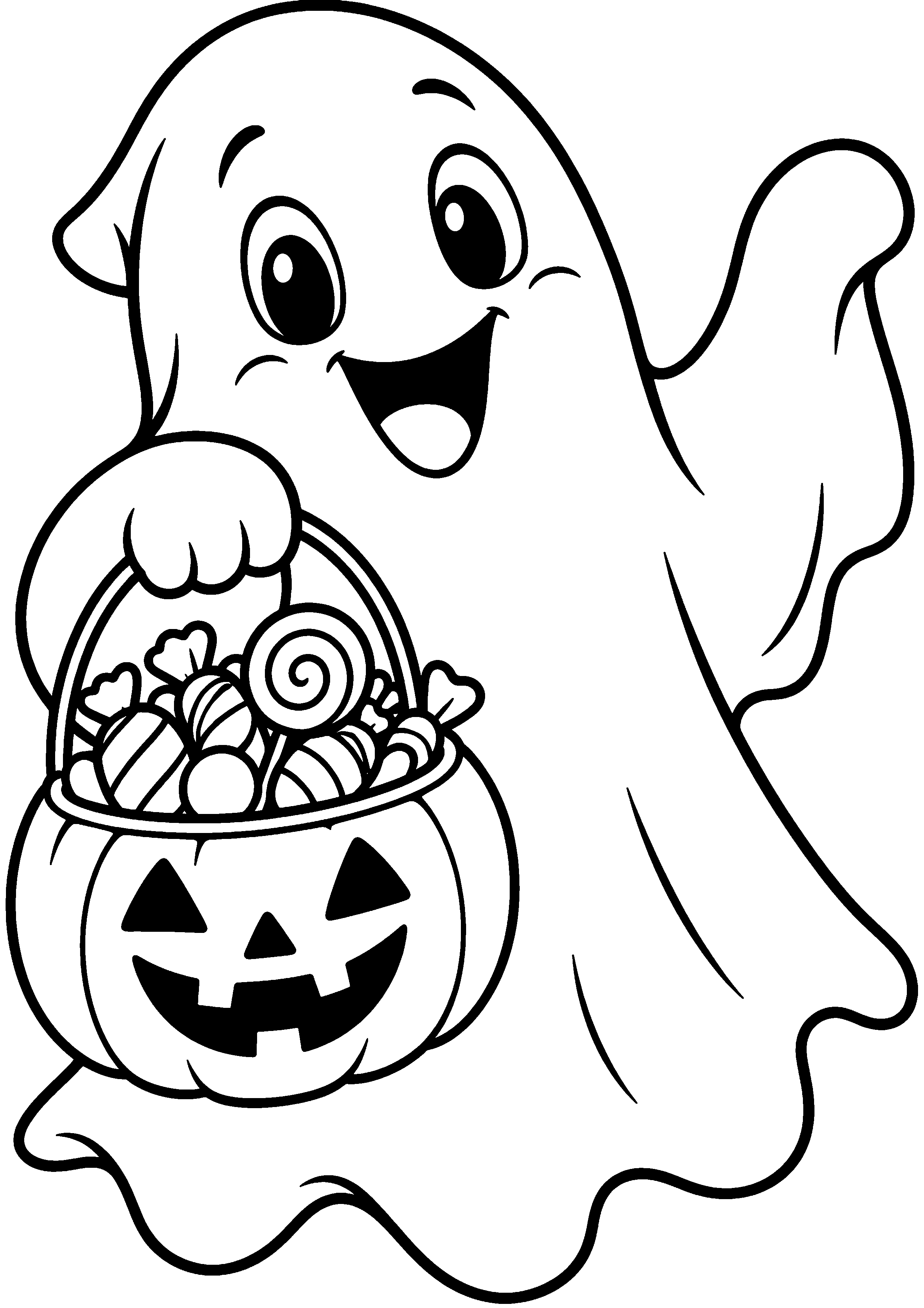 Coloriage en noir et blanc représentant petit fantôme amical tenant un panier de bonbons, en grand format A4
