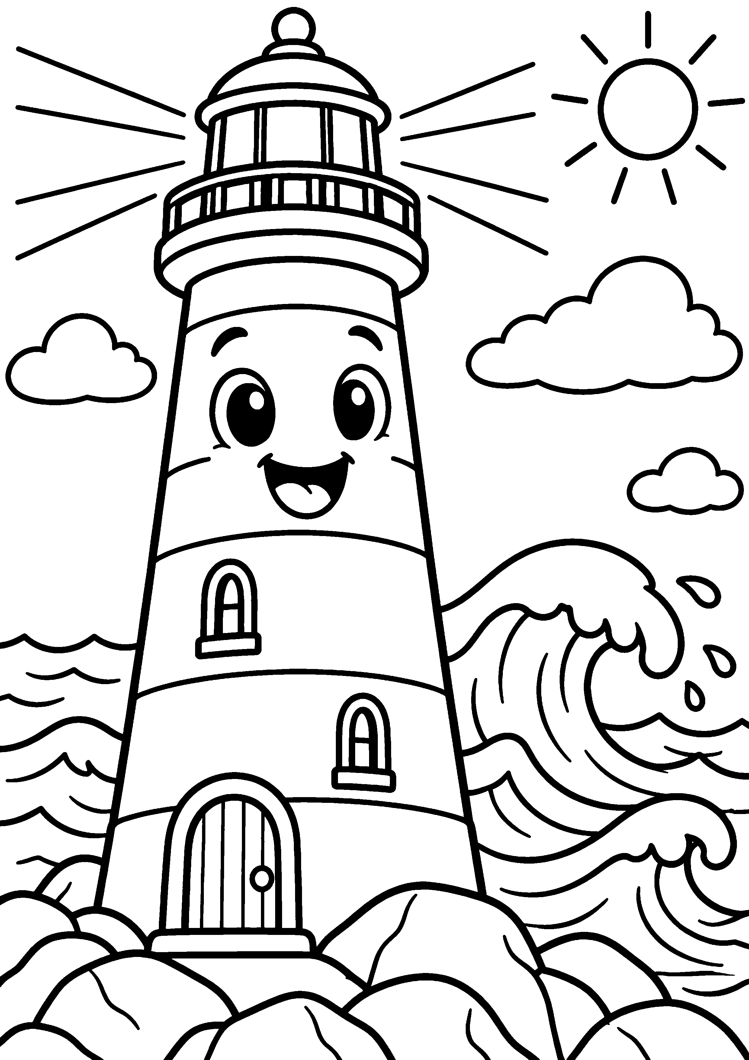 Coloriage en noir et blanc représentant petit phare souriant près de vagues calmes, en grand format A4