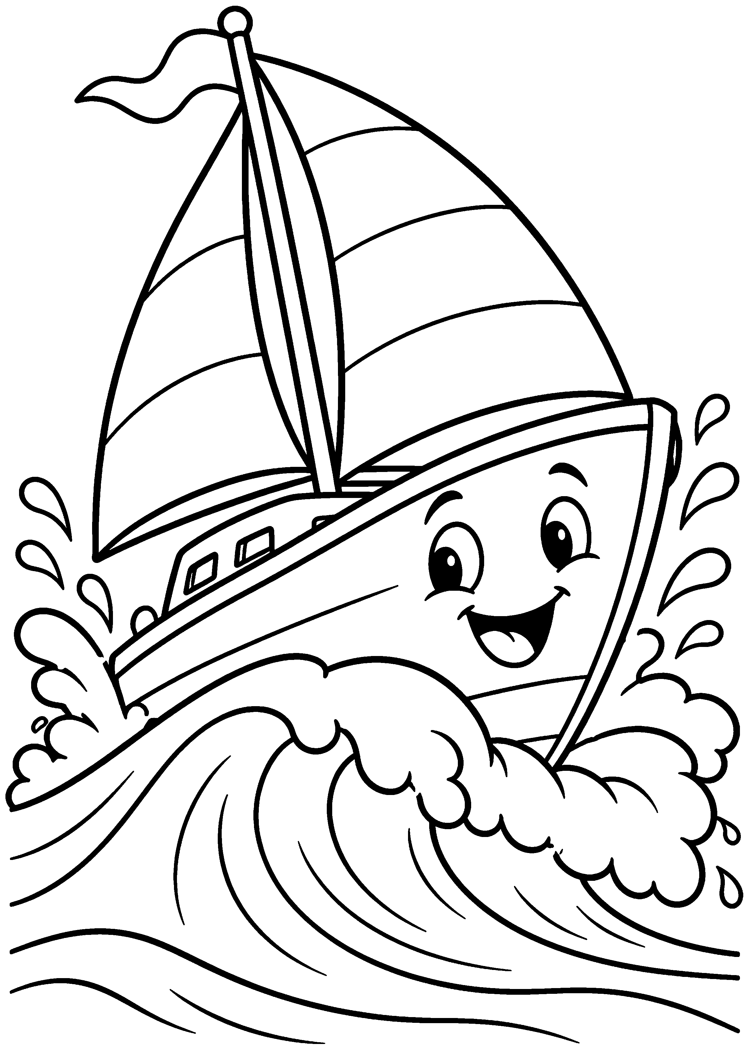 Coloriage en noir et blanc représentant petit voilier souriant sur une grande vague douce, en grand format A4