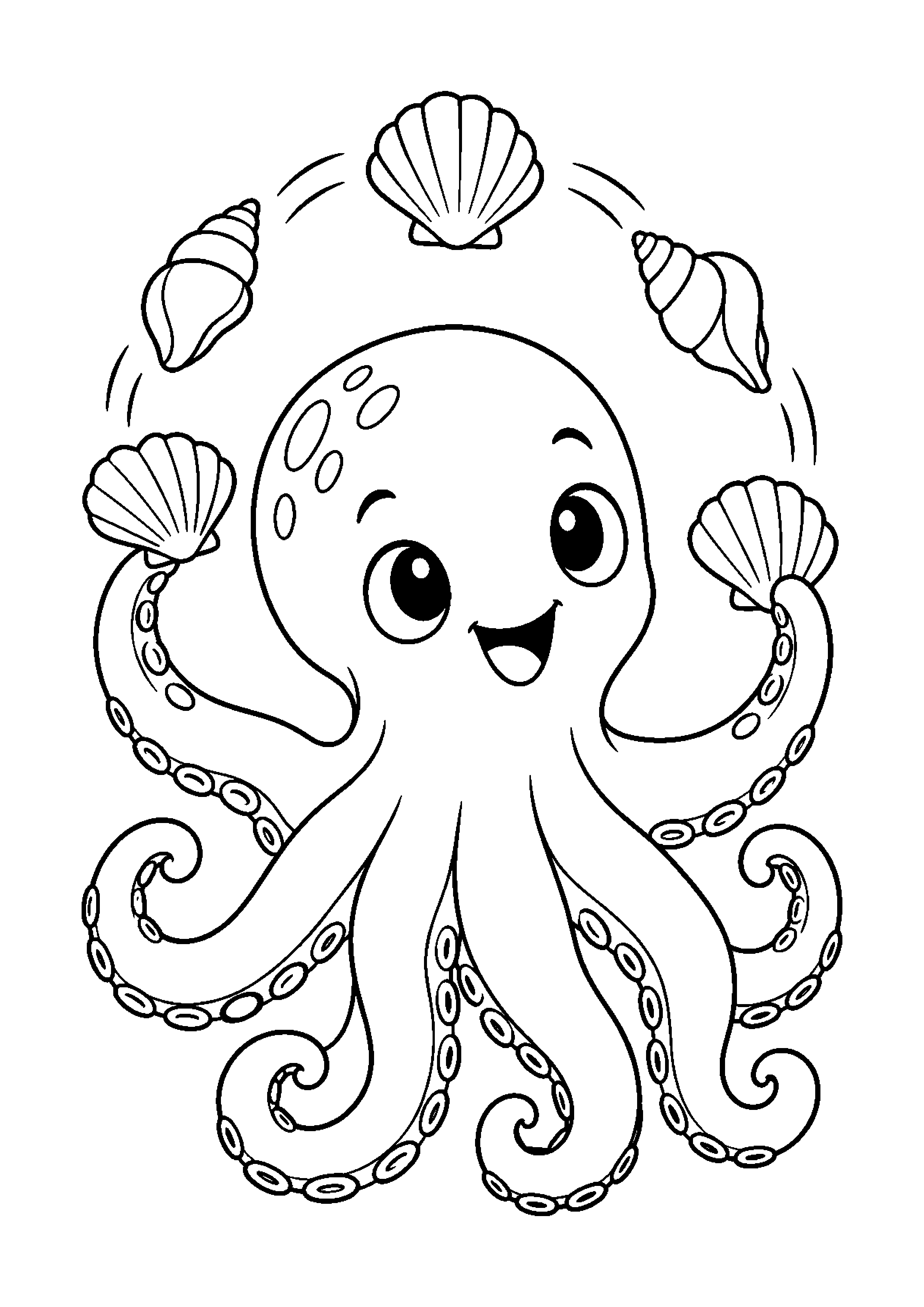 Coloriage en noir et blanc représentant pieuvre jonglant avec des coquillages, en grand format A4