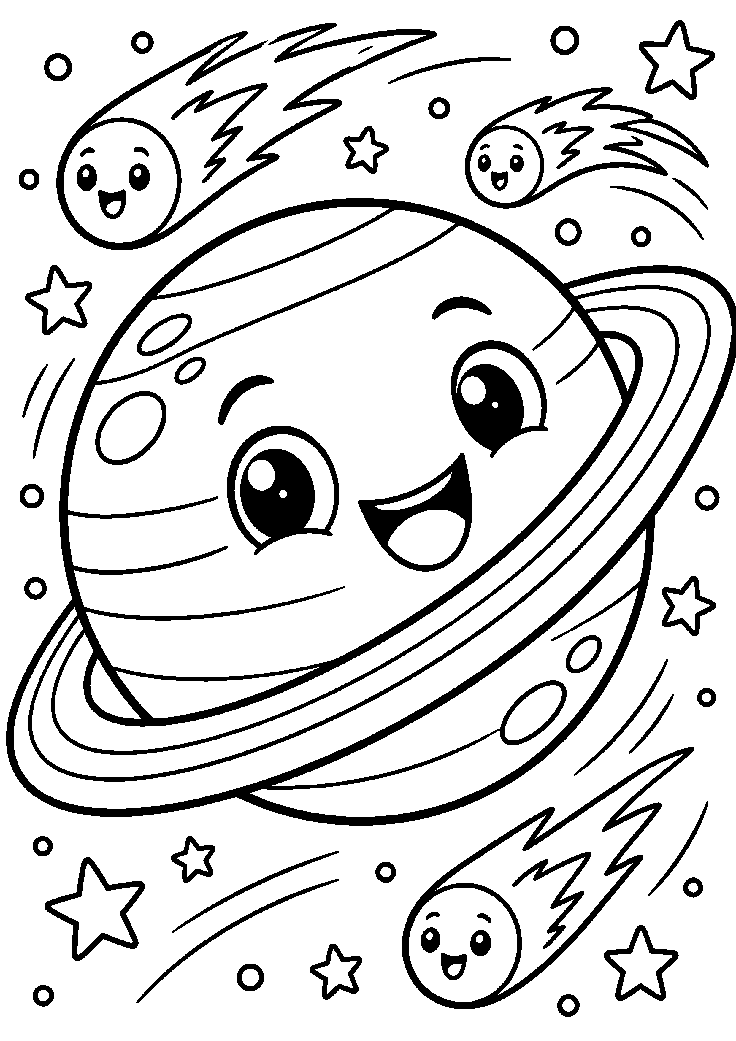 Coloriage en noir et blanc représentant planète à anneaux souriante avec petites comètes, en grand format A4