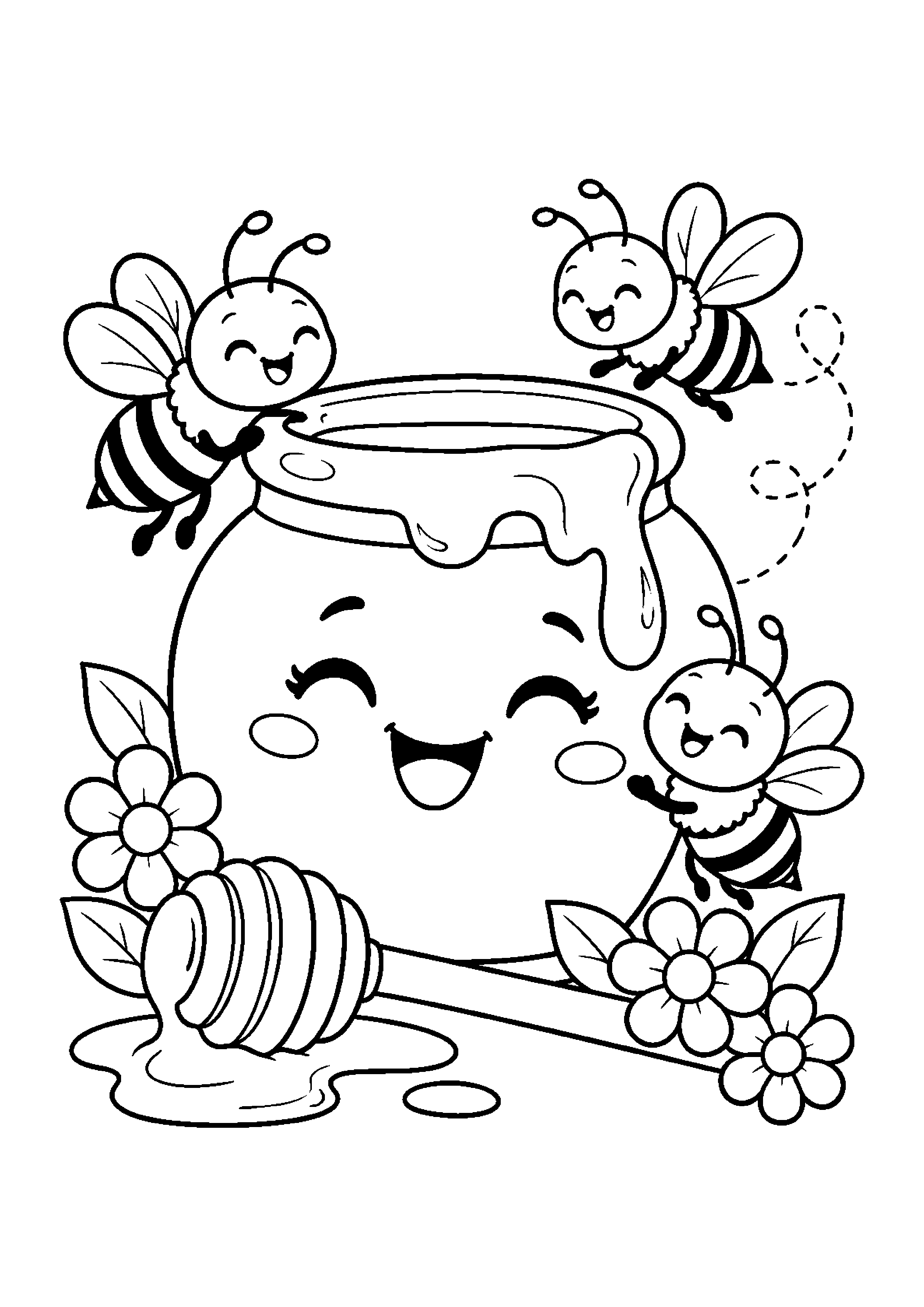 Coloriage en noir et blanc représentant pot de miel souriant entouré d'abeilles, en grand format A4