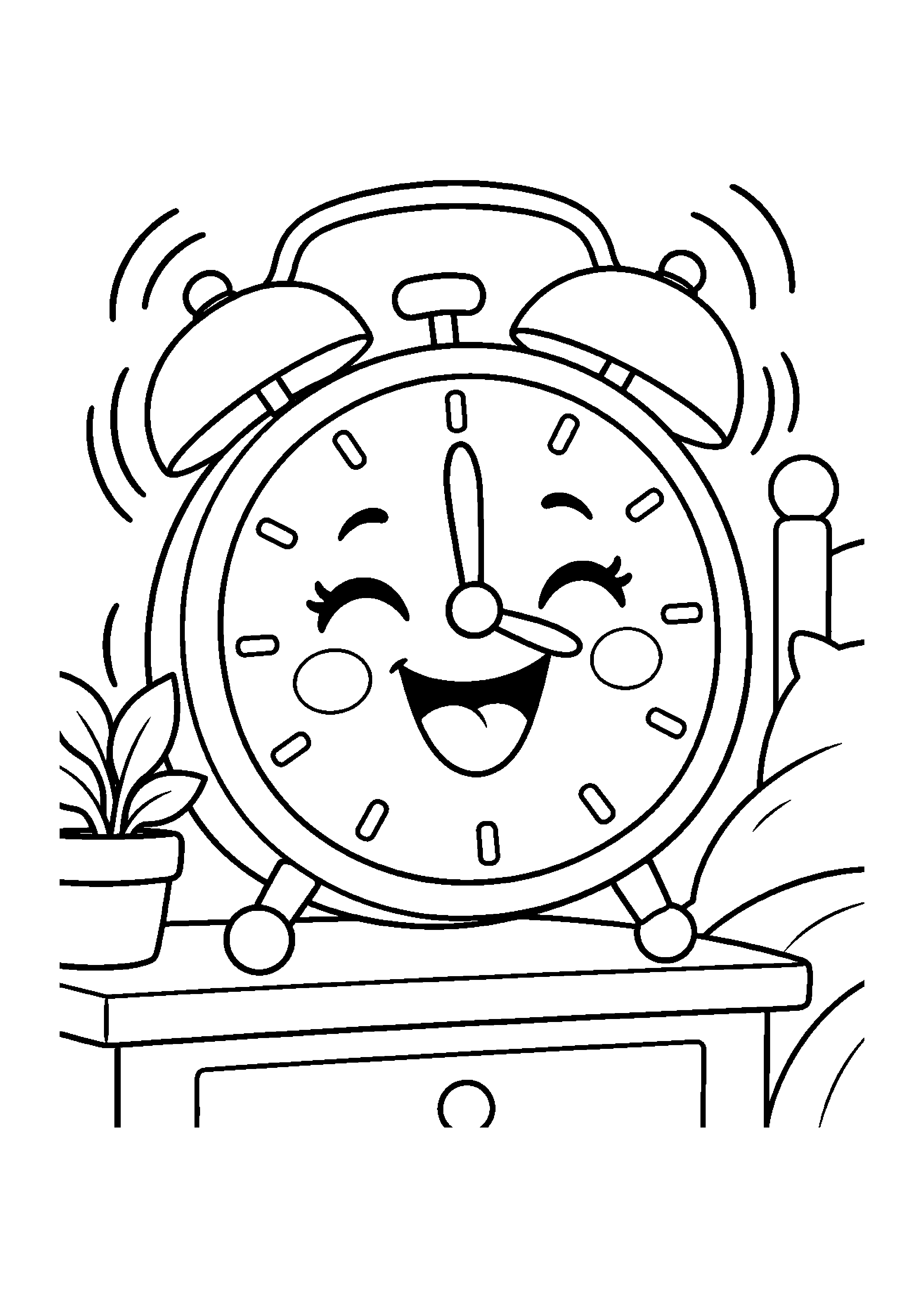 Coloriage en noir et blanc représentant réveil souriant qui sonne le matin, en grand format A4