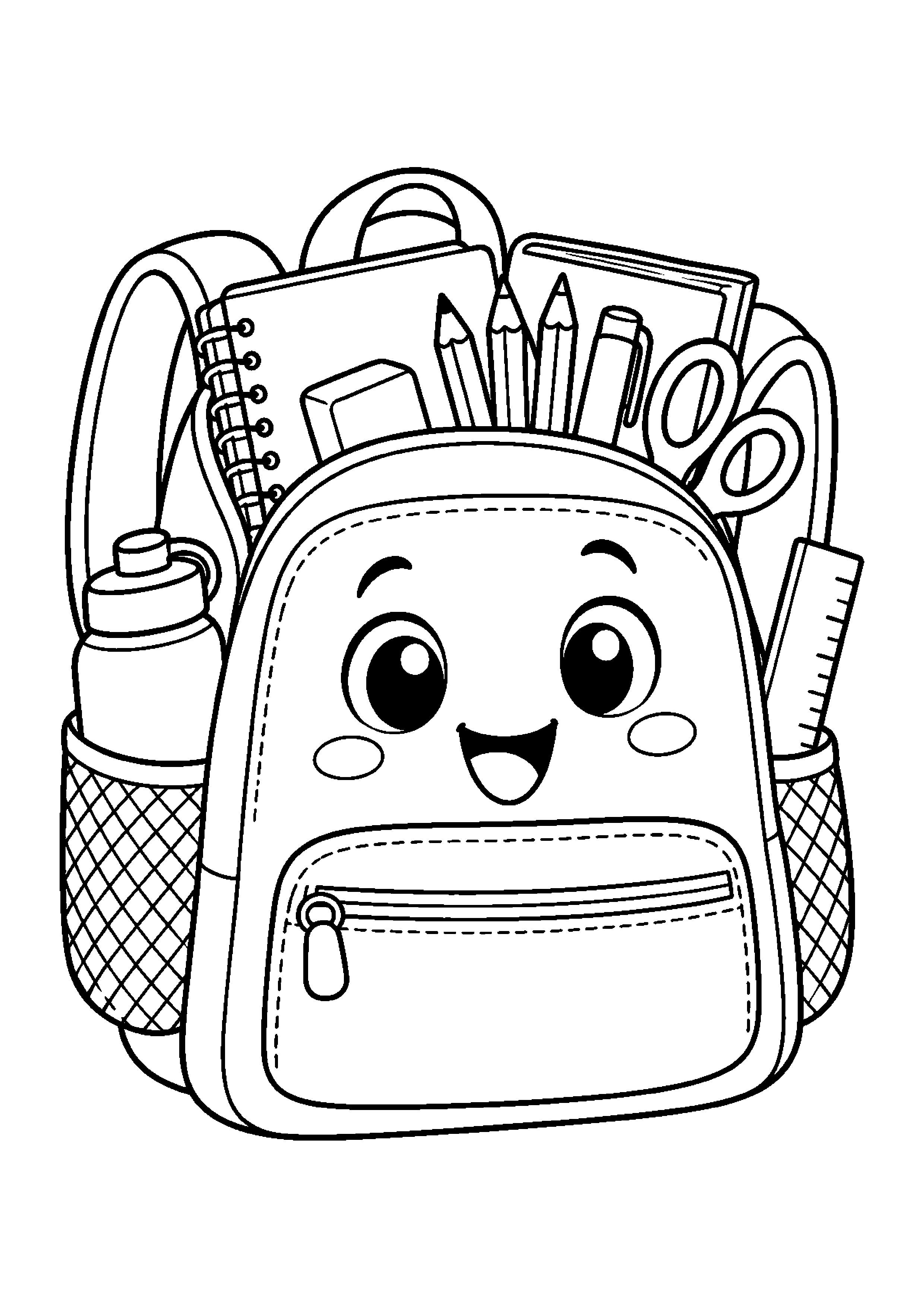 Coloriage en noir et blanc représentant sac à dos souriant rempli de fournitures, en grand format A4
