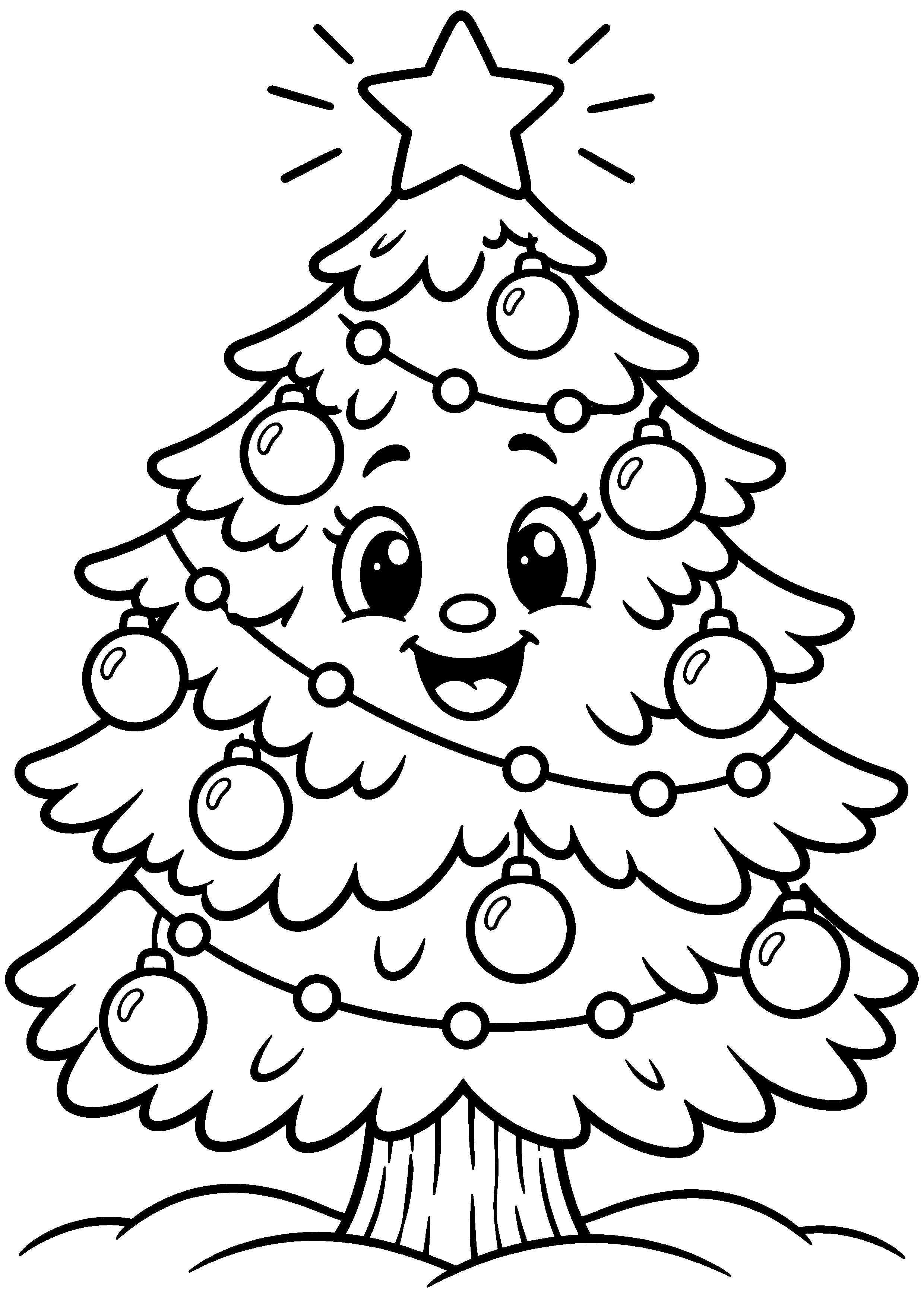 Coloriage en noir et blanc représentant sapin d'hiver souriant avec boules sans inscriptions, en grand format A4
