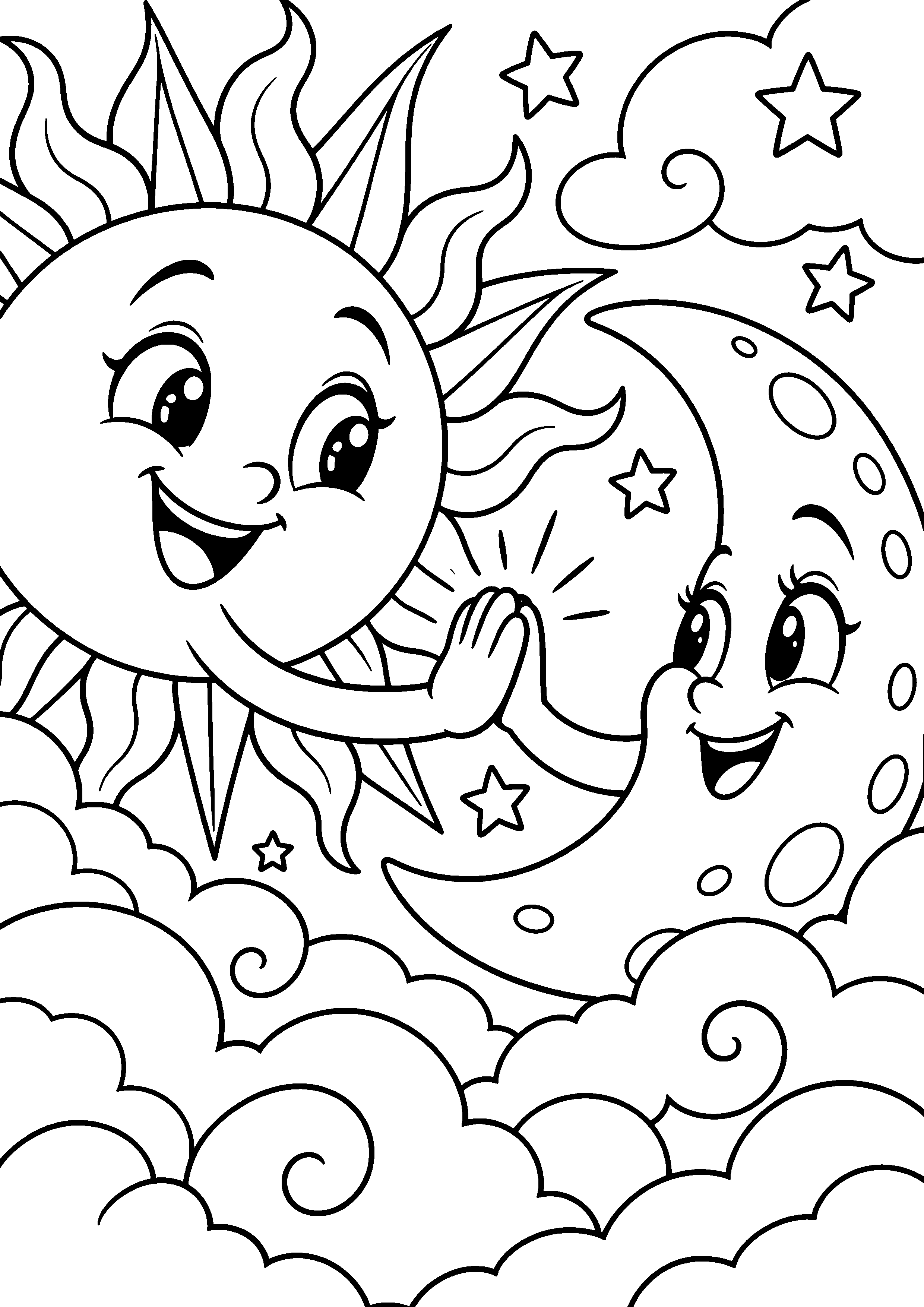 Coloriage en noir et blanc représentant soleil et lune se saluant au-dessus des nuages, en grand format A4