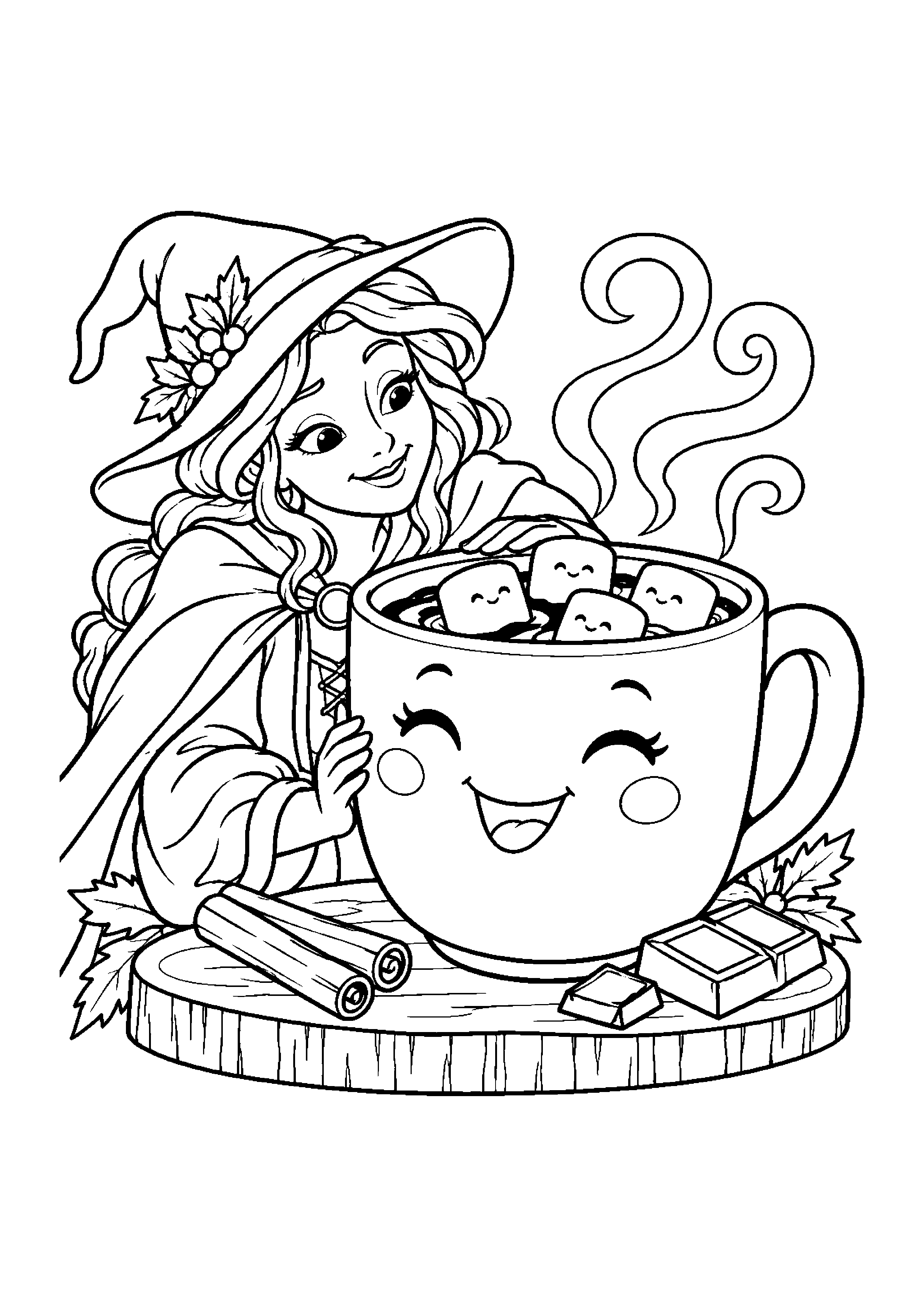 Coloriage en noir et blanc représentant tasse de chocolat chaud souriante avec guimauves, en grand format A4