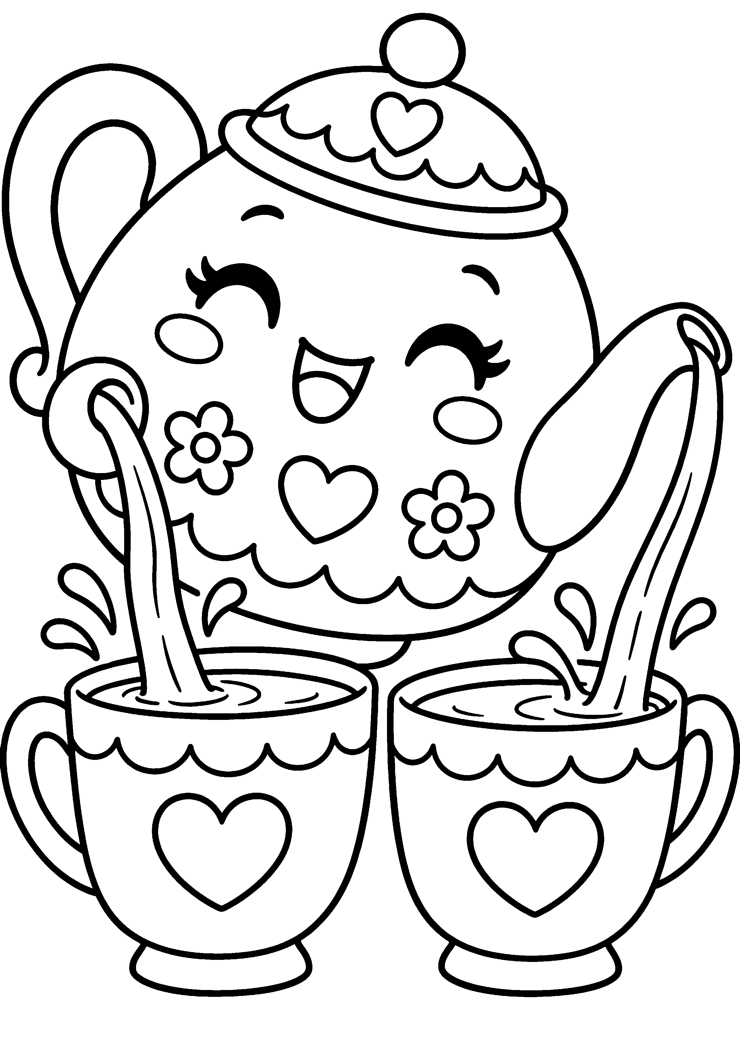 Coloriage en noir et blanc représentant théière souriante servant deux tasses, en grand format A4