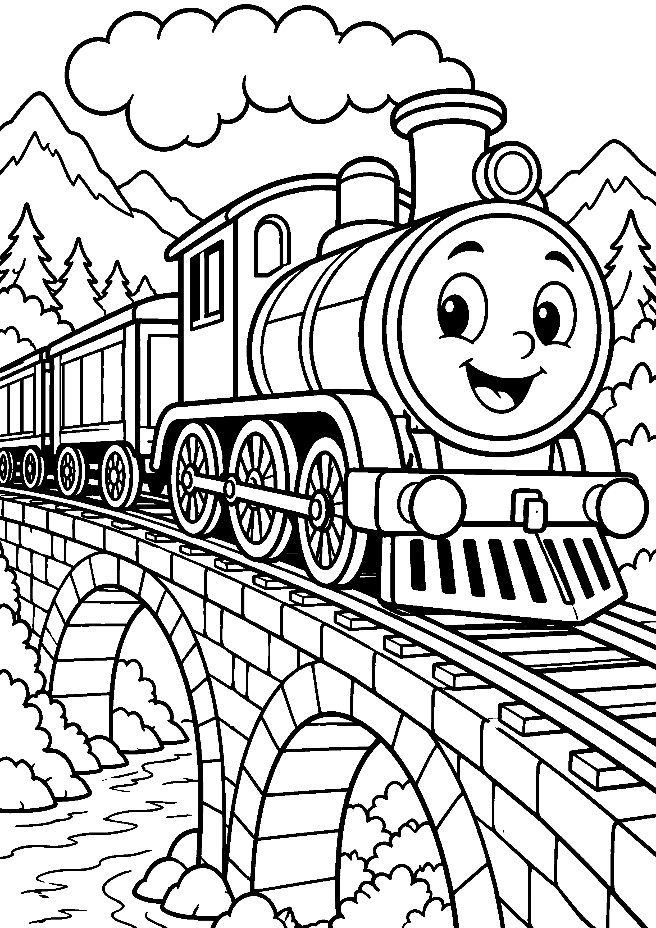 Coloriage en noir et blanc représentant train miniature souriant traversant un pont, en grand format A4