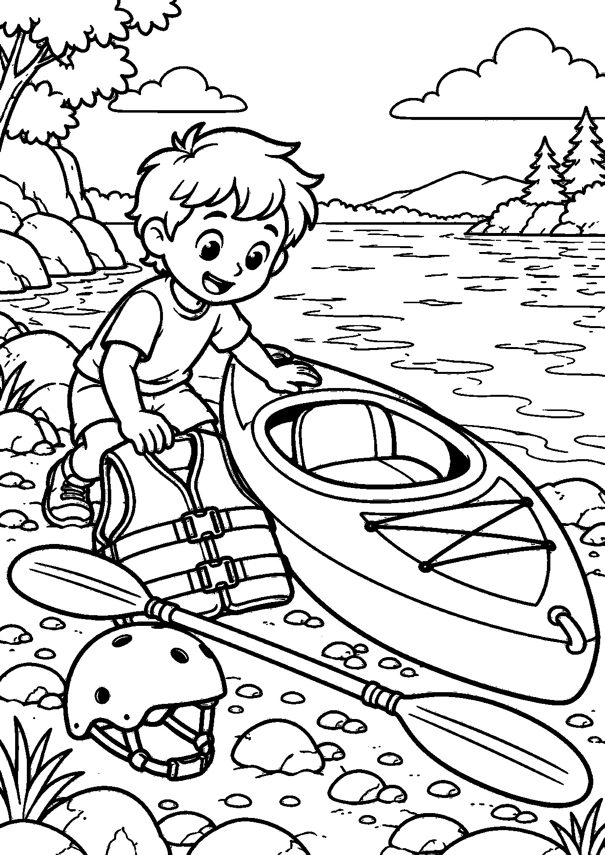 Coloriage kayak : enfant découvrant le matériel sportif à imprimer