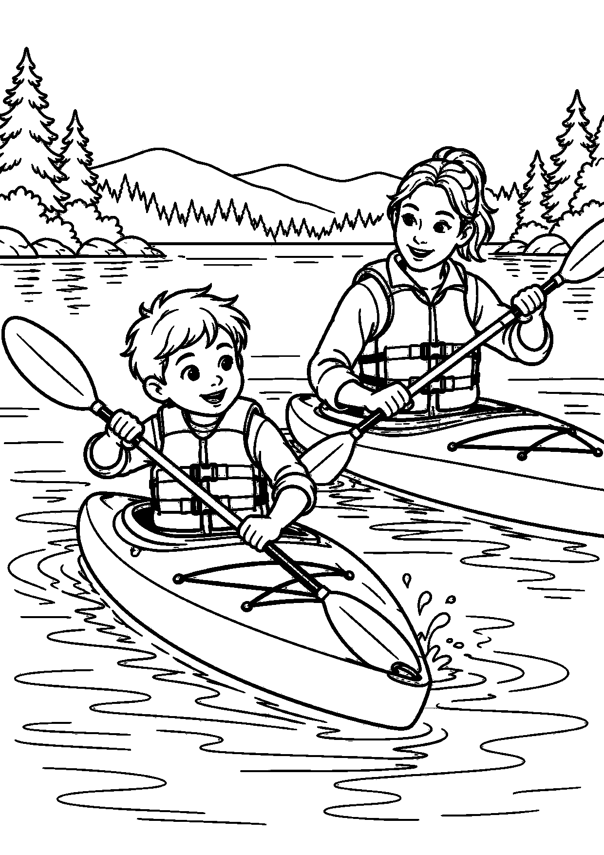 Coloriage kayak : enfant et adulte lors d’un entraînement à imprimer