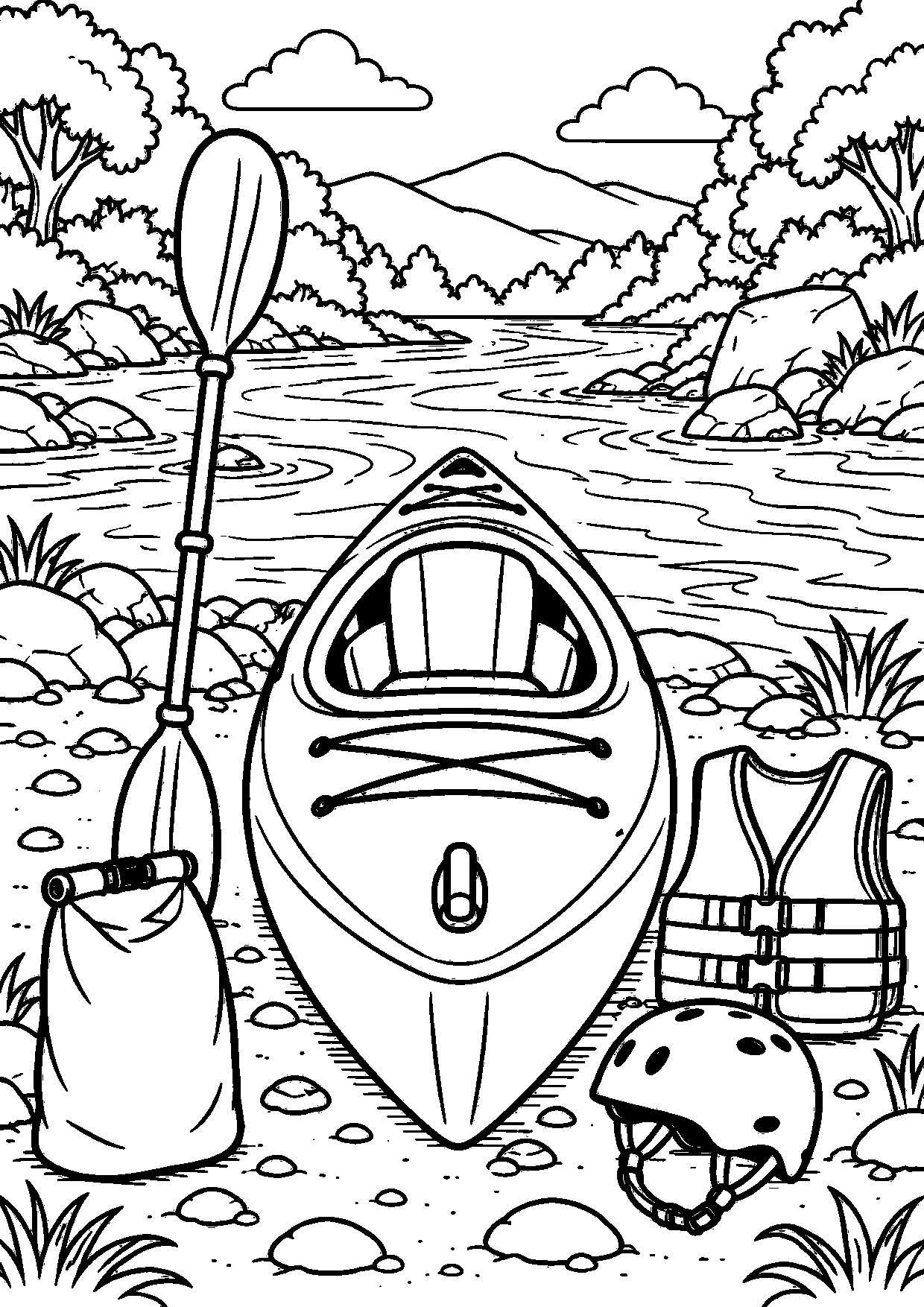 Coloriage kayak : grand équipement vu de face à imprimer