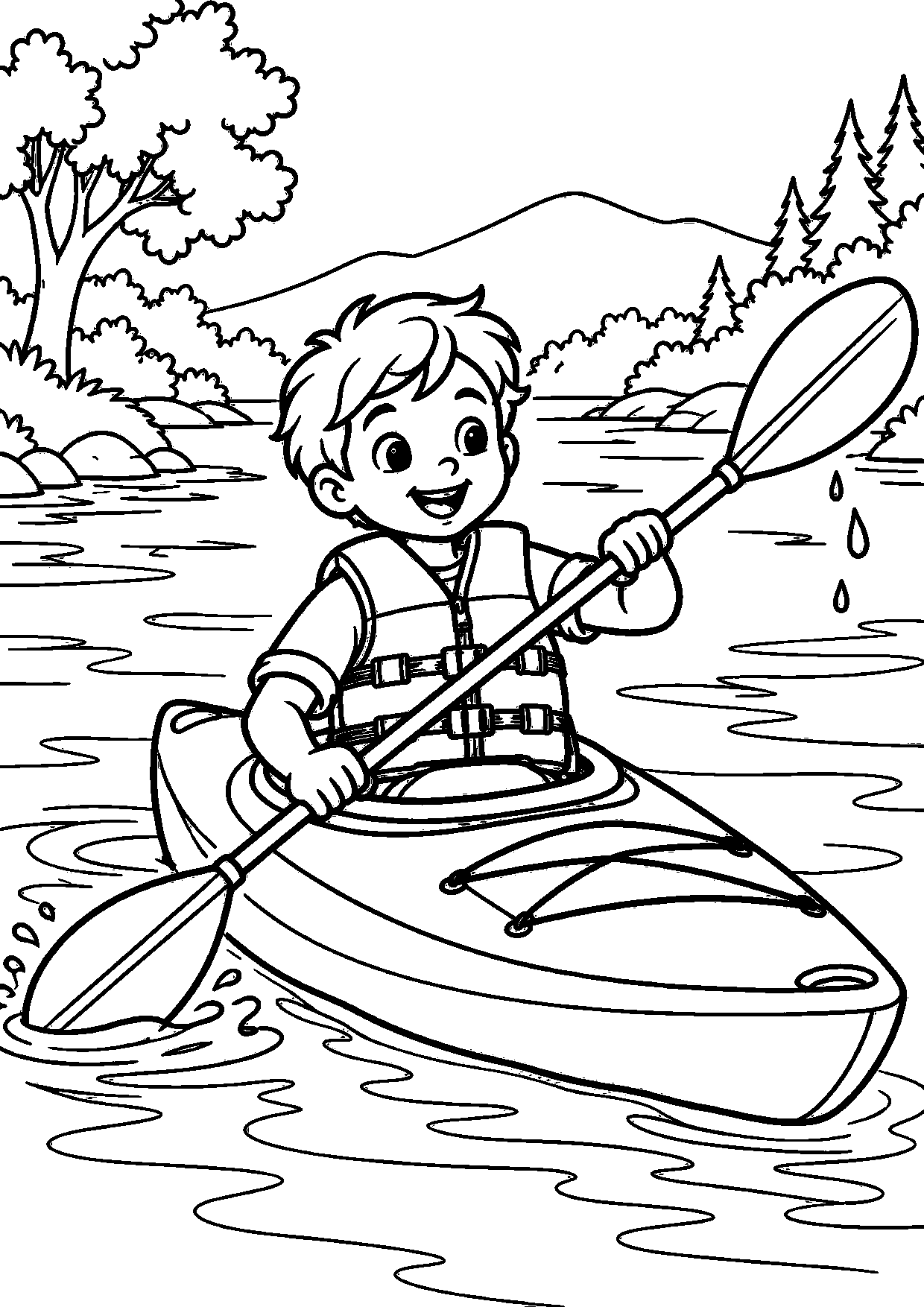 Coloriage kayak : sportif en action avec un geste simple à imprimer