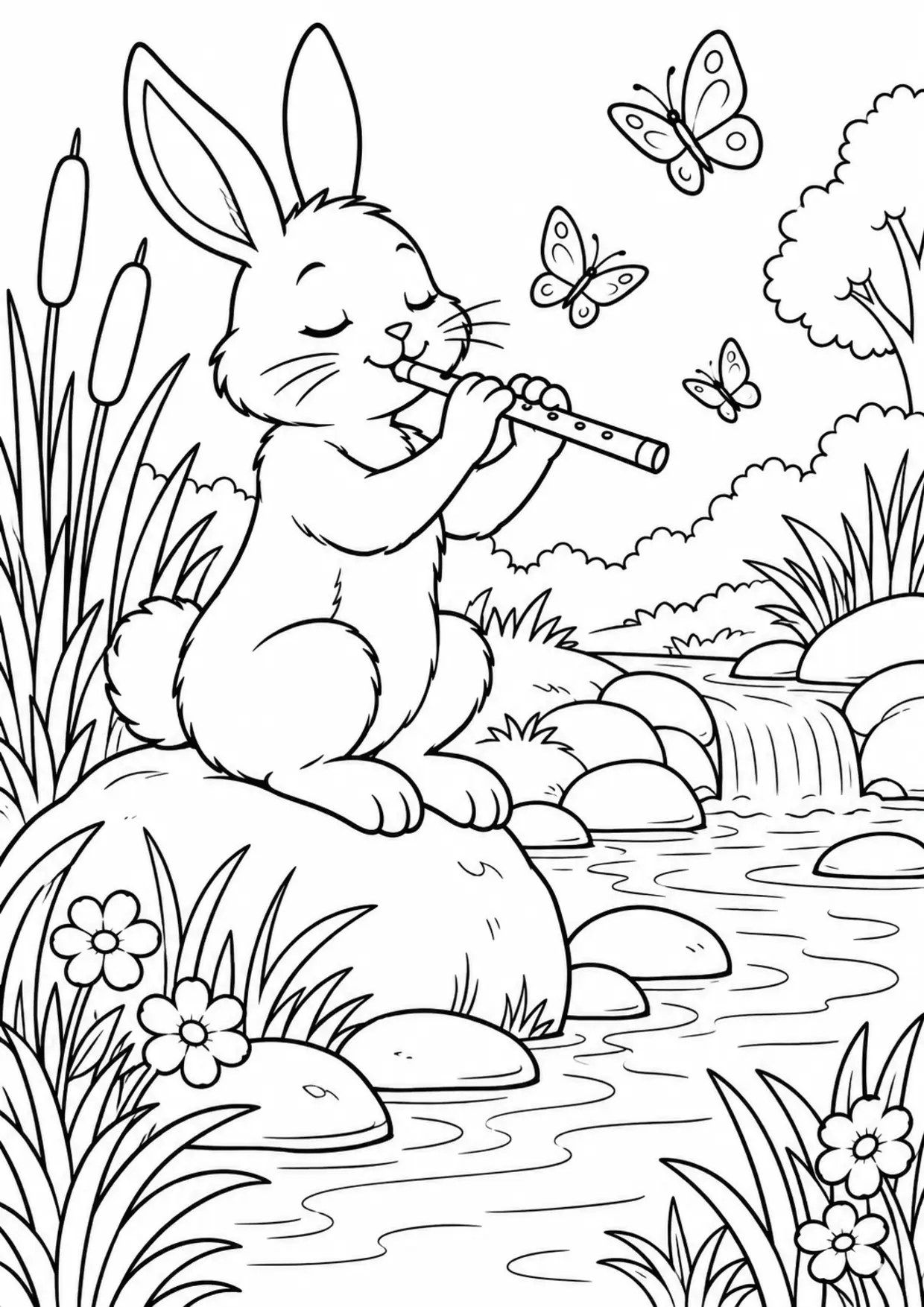 Coloriage flûte : lapin ruisseau à imprimer montrant lapin ruisseau, dessin noir et blanc