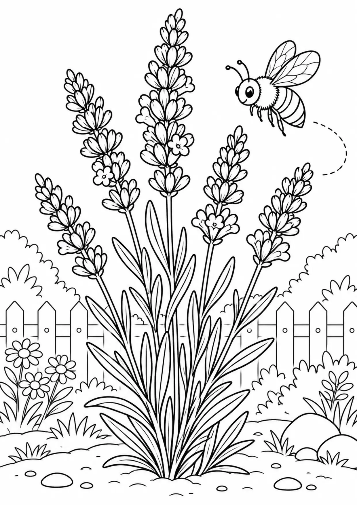 Coloriage lavande à imprimer montrant abeille, illustration 1