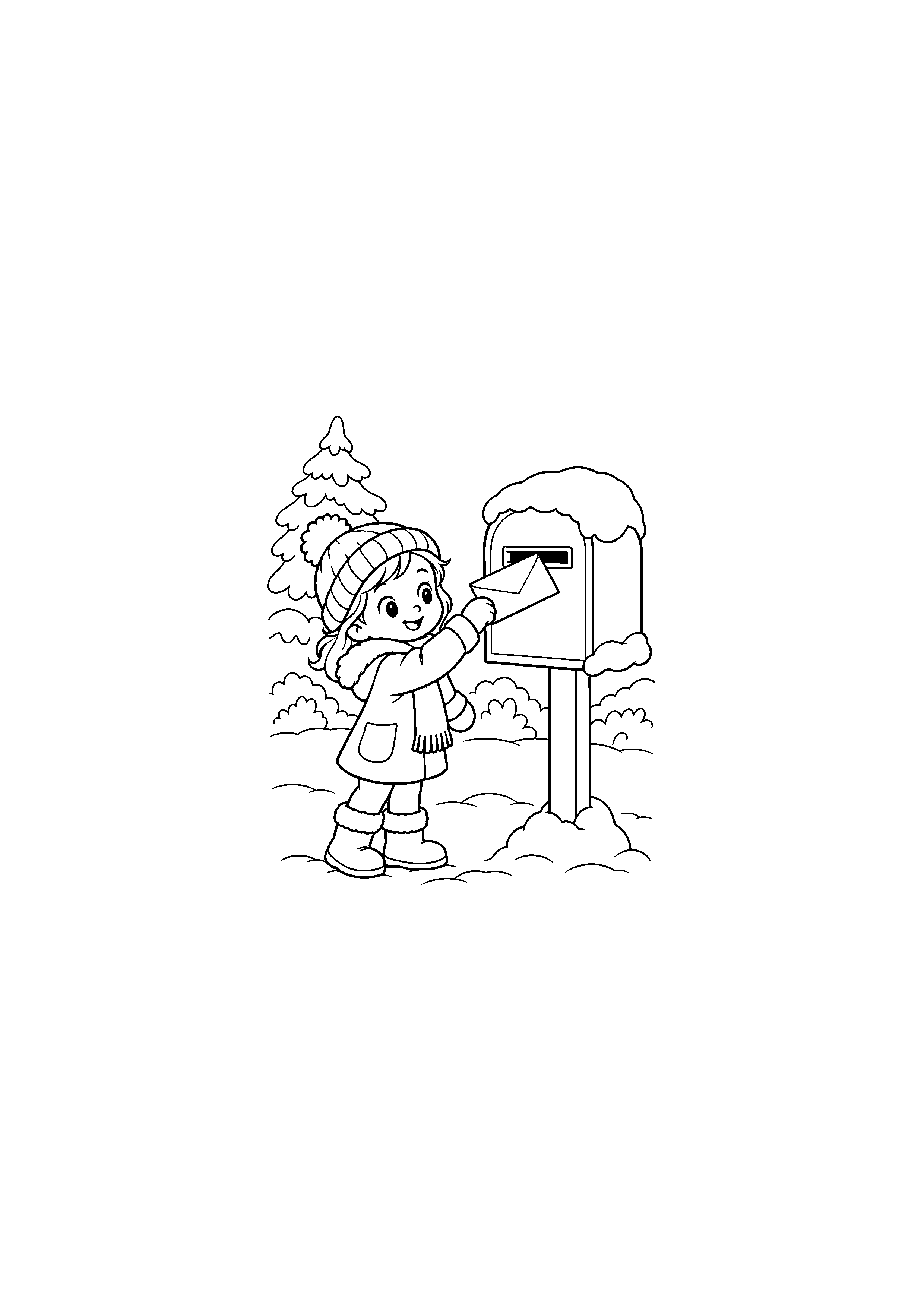 Coloriage Enfant et boîte aux lettres enneigée à imprimer