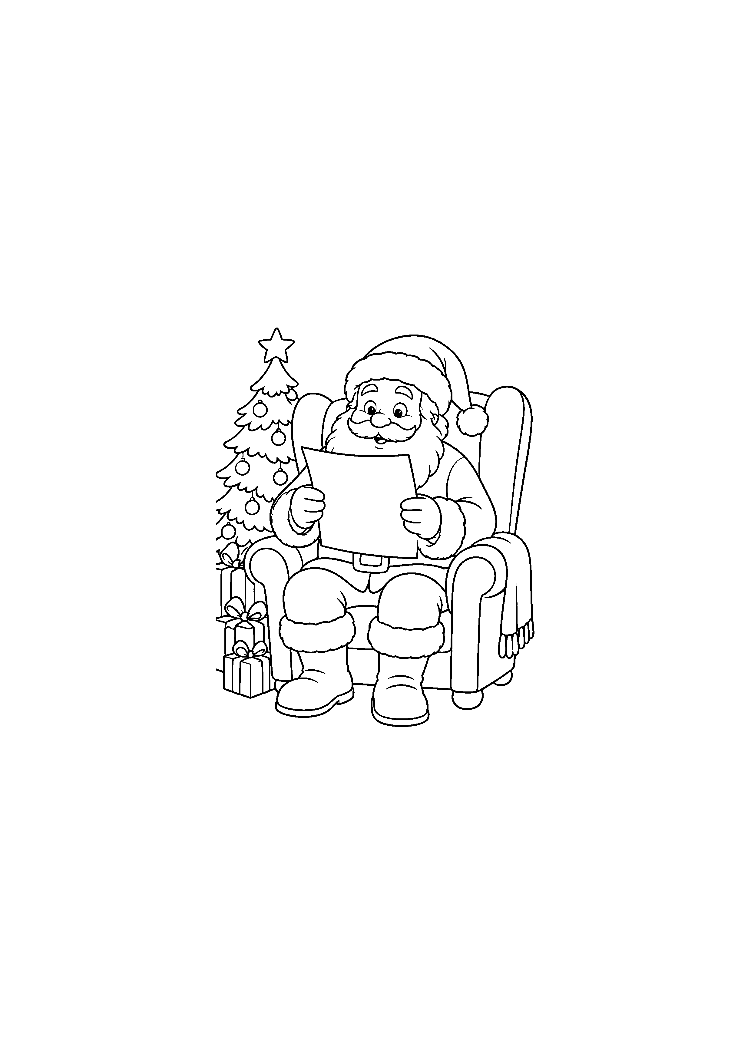 Coloriage Père Noël lisant une feuille vierge de Noël à imprimer gratuitement