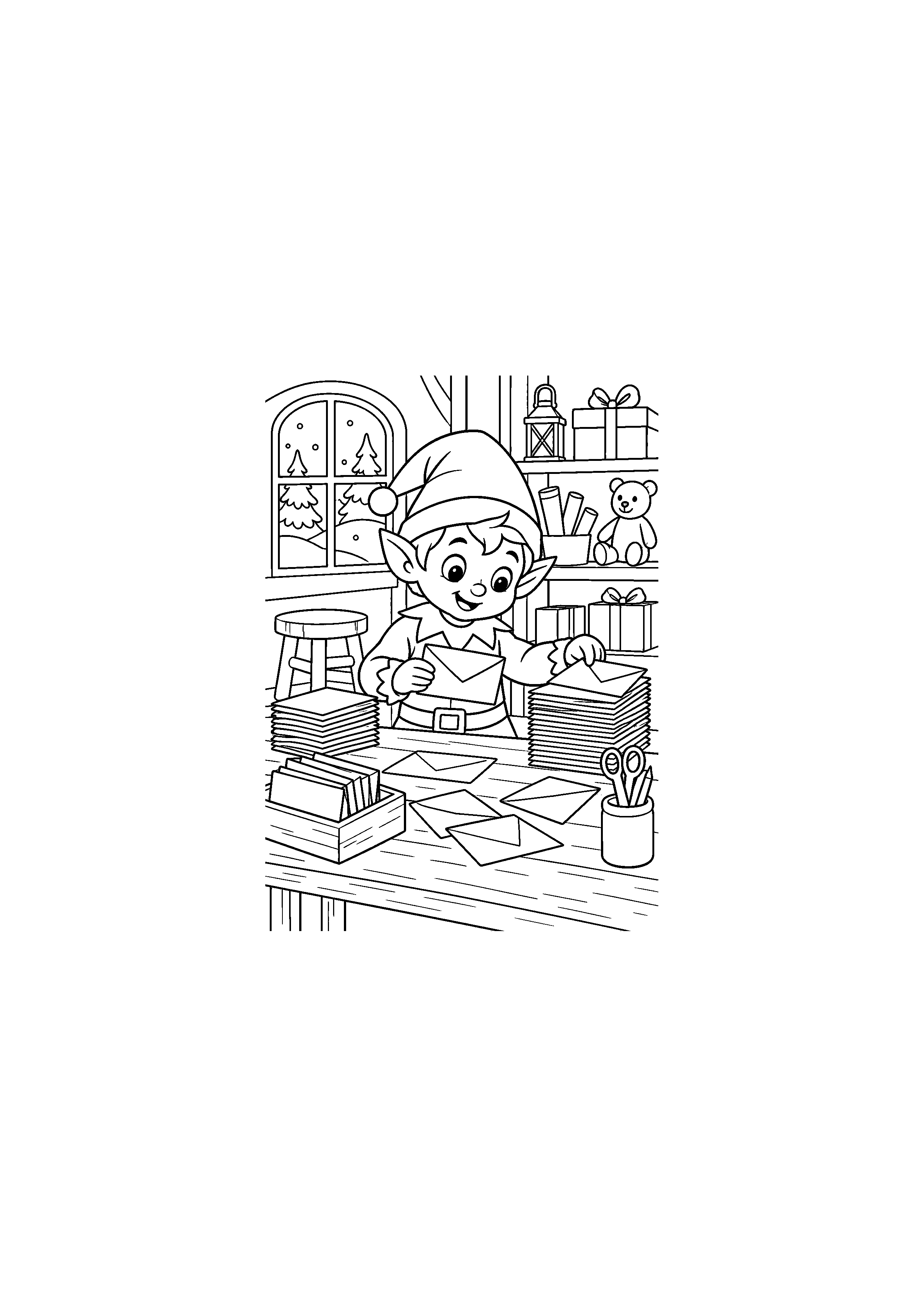 Coloriage Lutin triant des enveloppes vierges de Noël à imprimer gratuitement