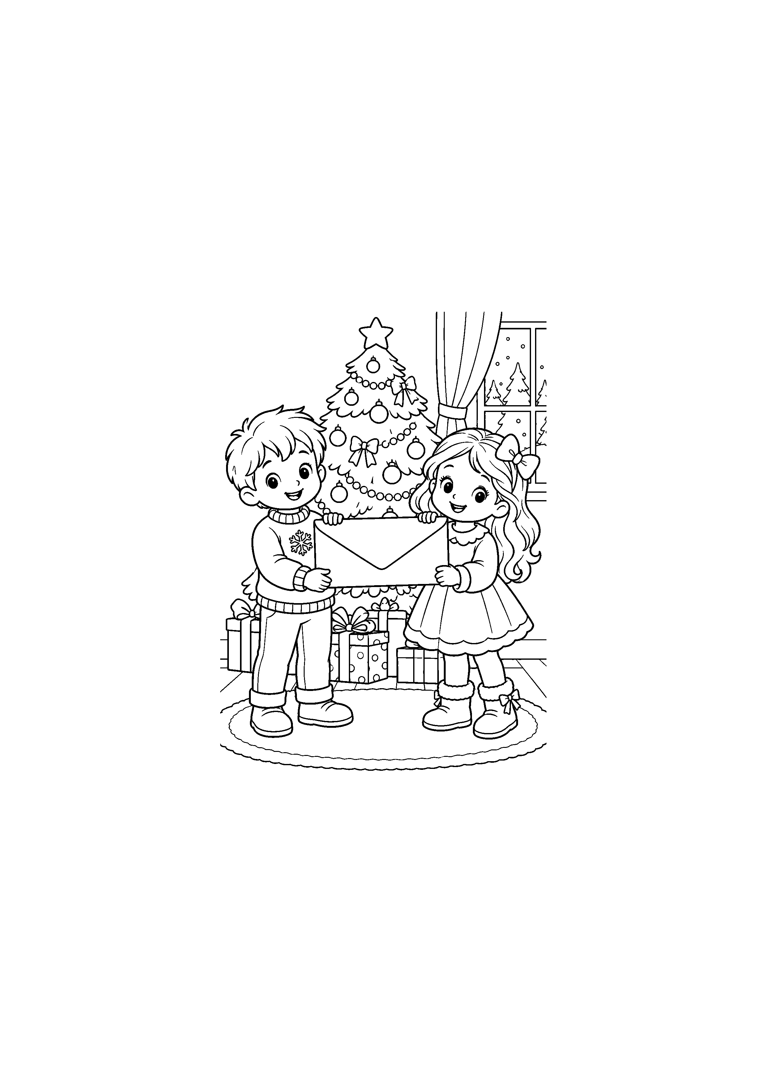 Coloriage Deux enfants avec grande enveloppe vierge de Noël à imprimer gratuitement