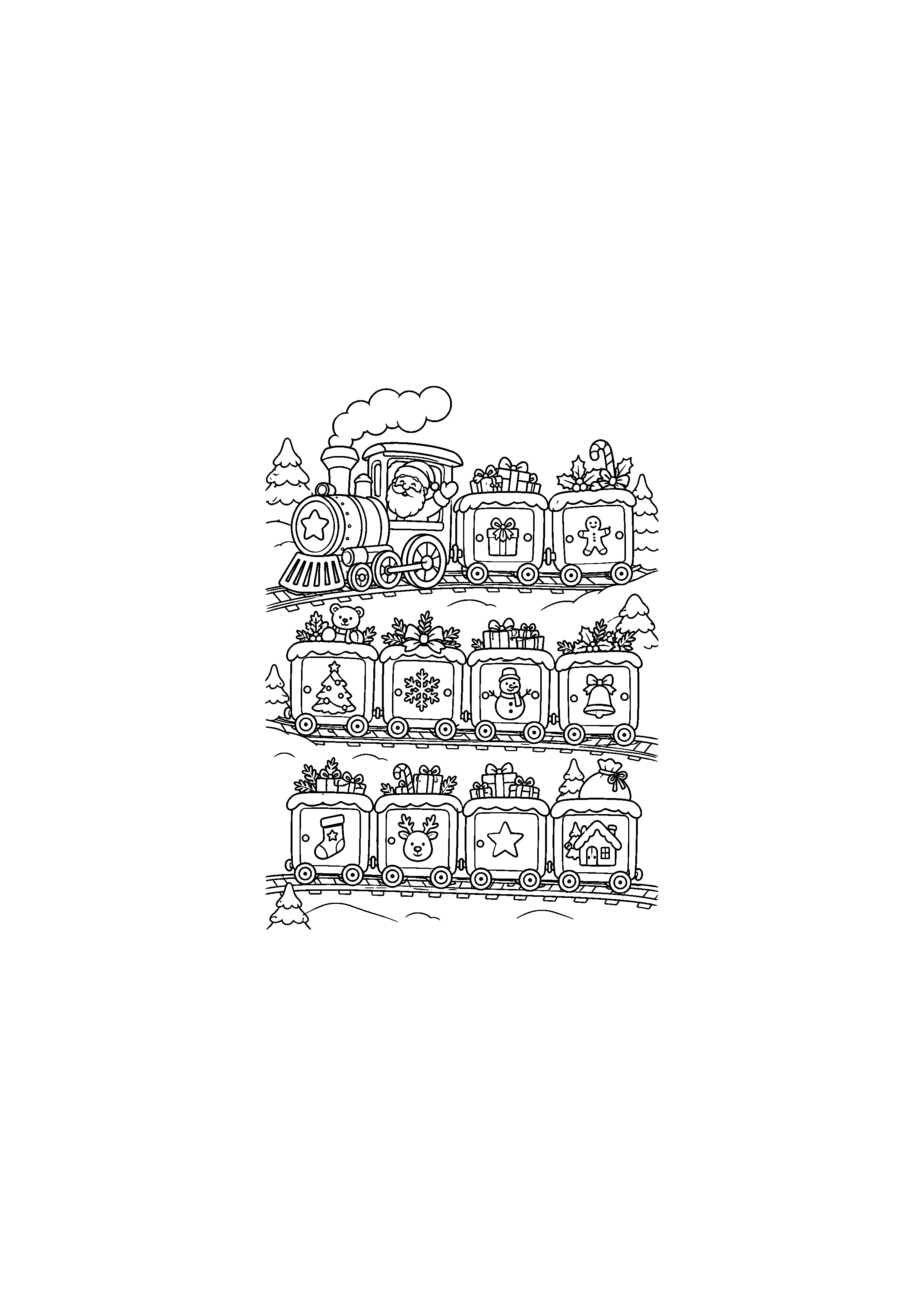 Coloriage Père Noël devant une pile d'enveloppes de Noël à imprimer gratuitement