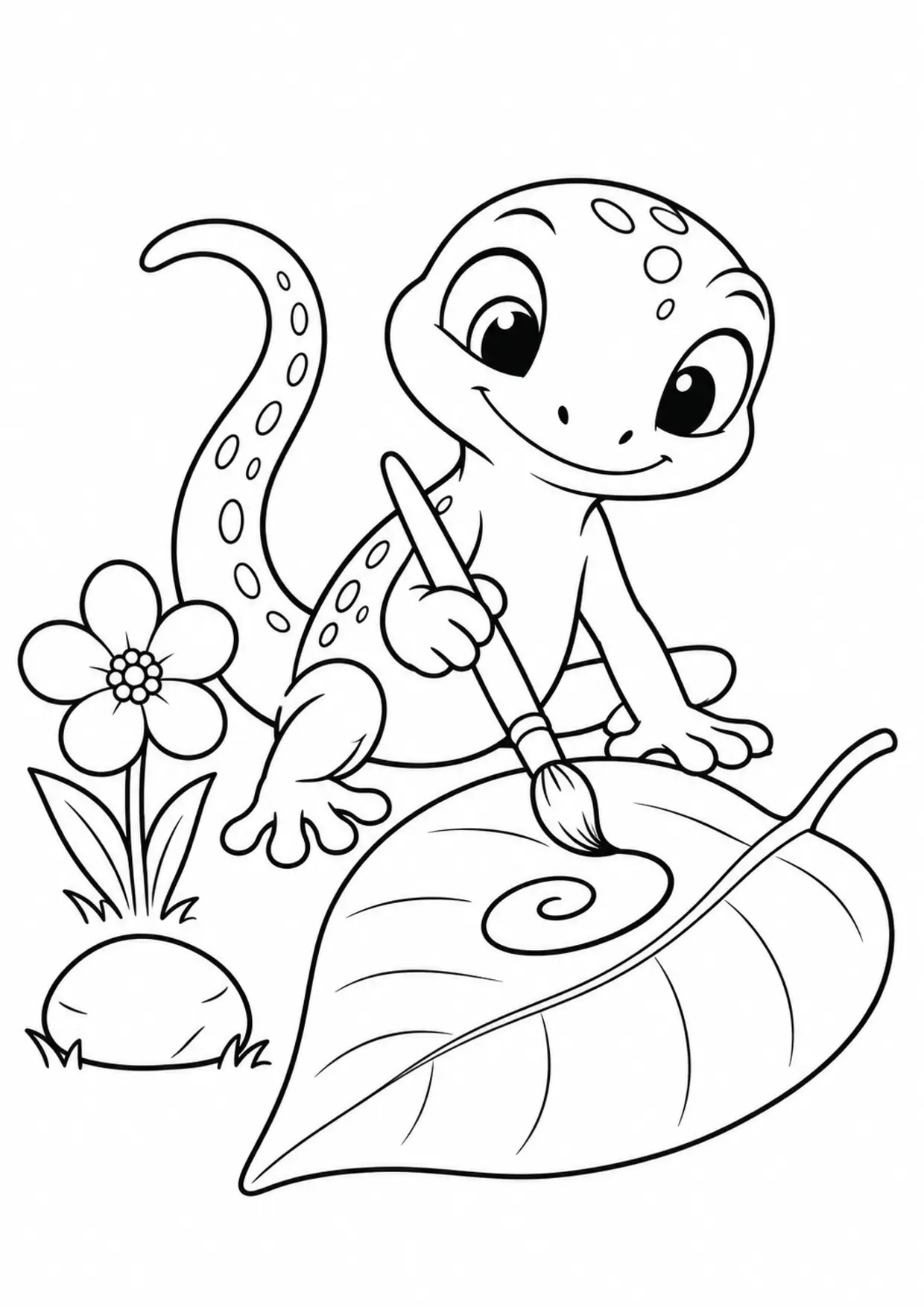 Coloriage lézard : pinceau feuille
