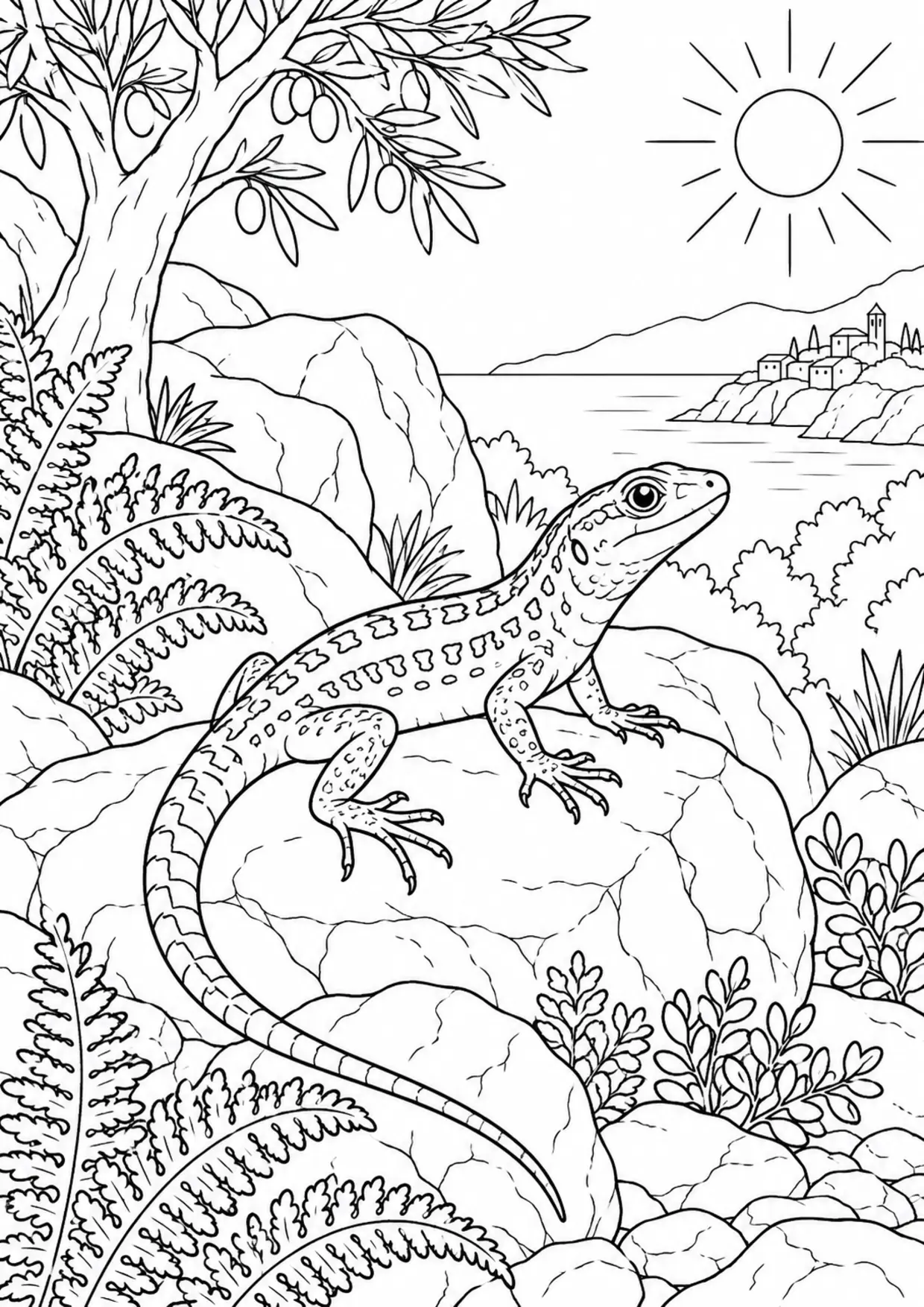 Coloriage lézard : rochers à imprimer montrant rochers, dessin noir et blanc