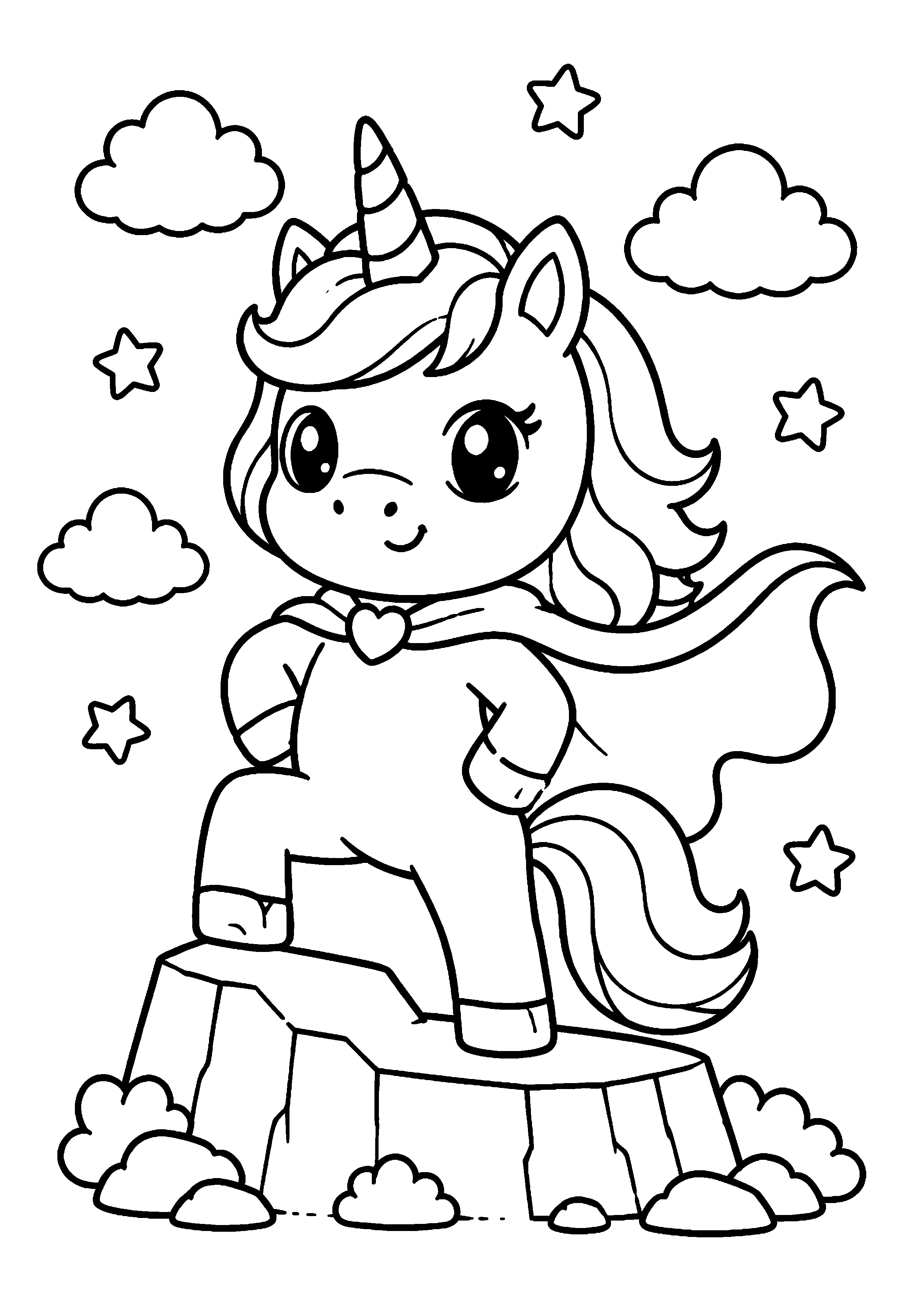 Coloriage licorne kawaii debout sur un rocher à imprimer gratuitement