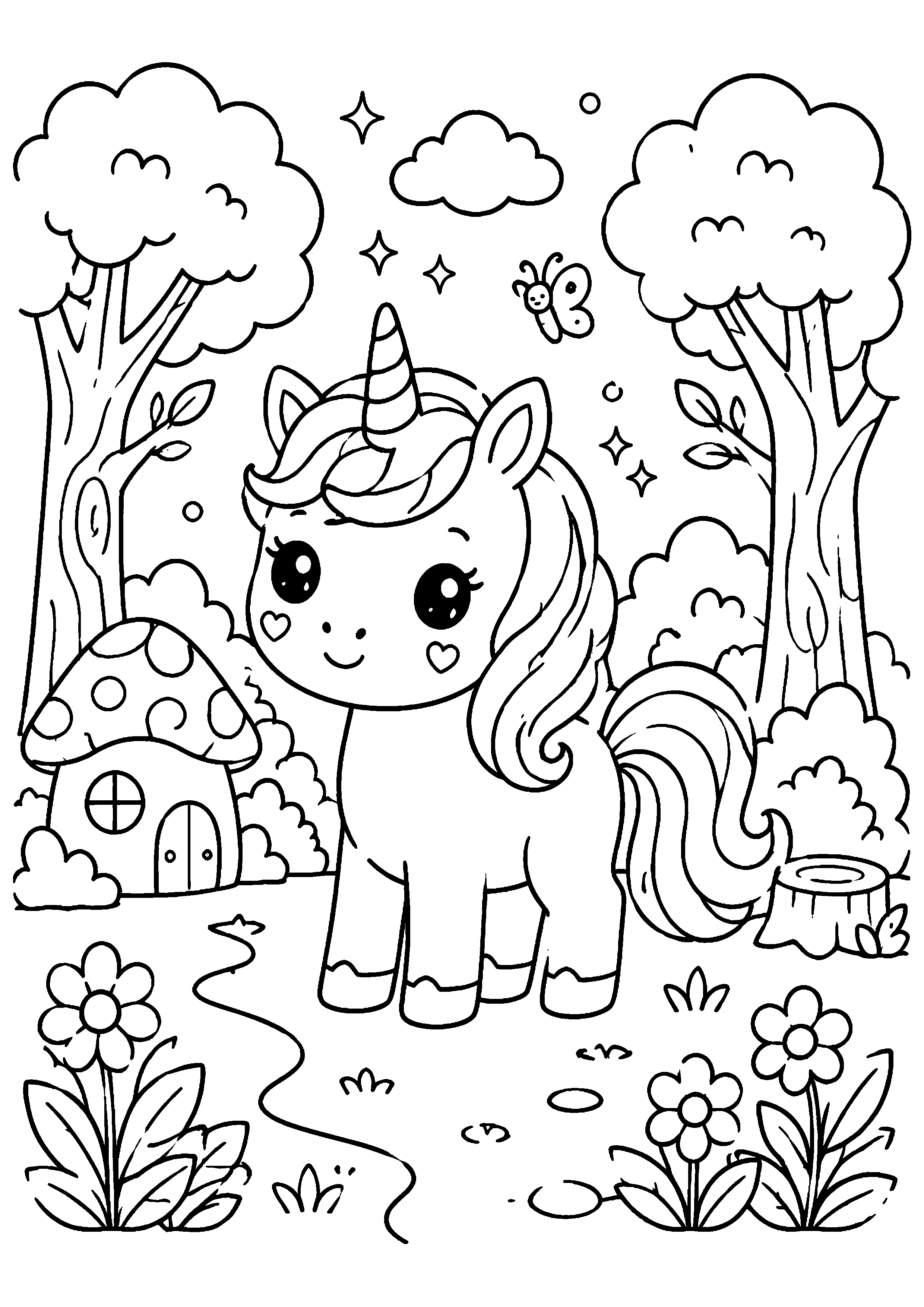 Coloriage licorne dans une forêt avec maison champignon à imprimer gratuitement
