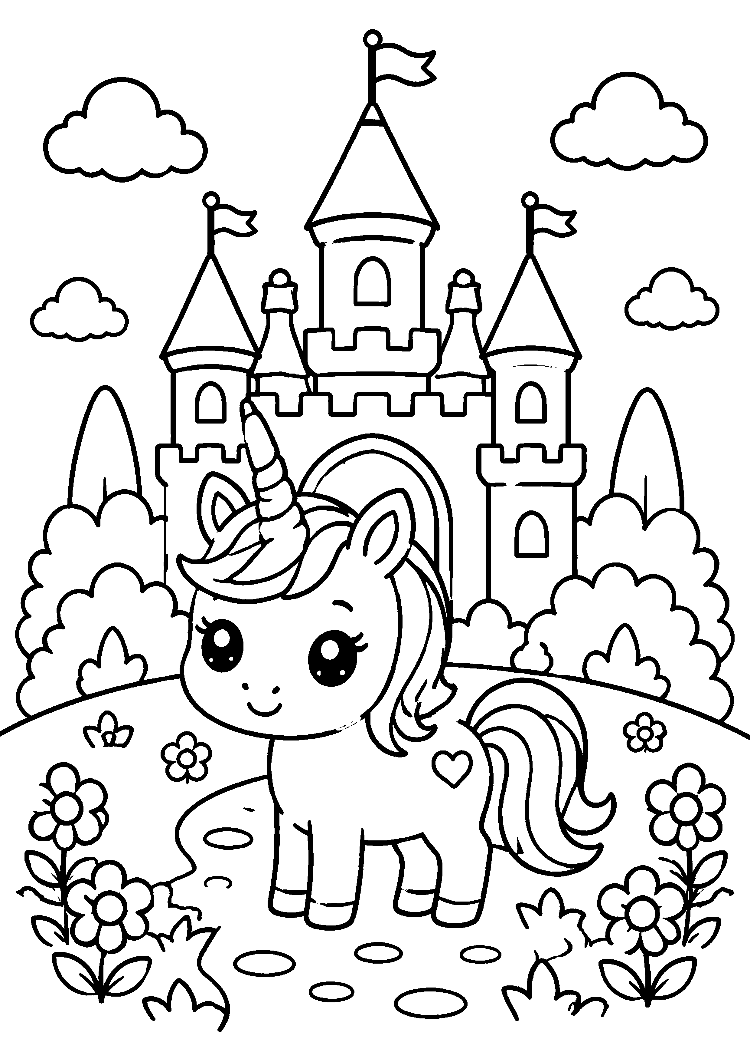 Coloriage licorne devant un château à imprimer gratuitement