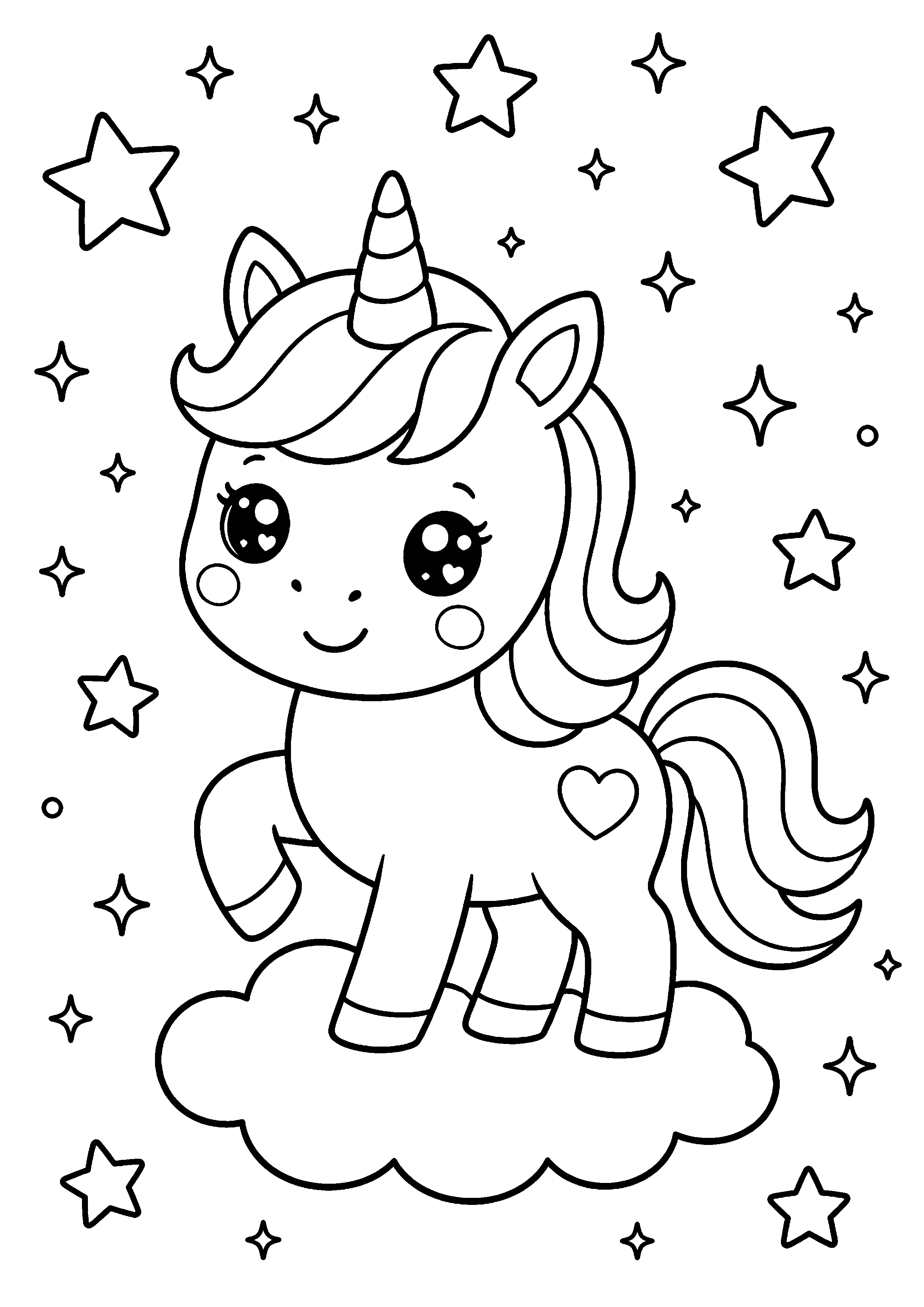 Coloriage licorne kawaii sur un nuage et des étoiles à imprimer gratuitement